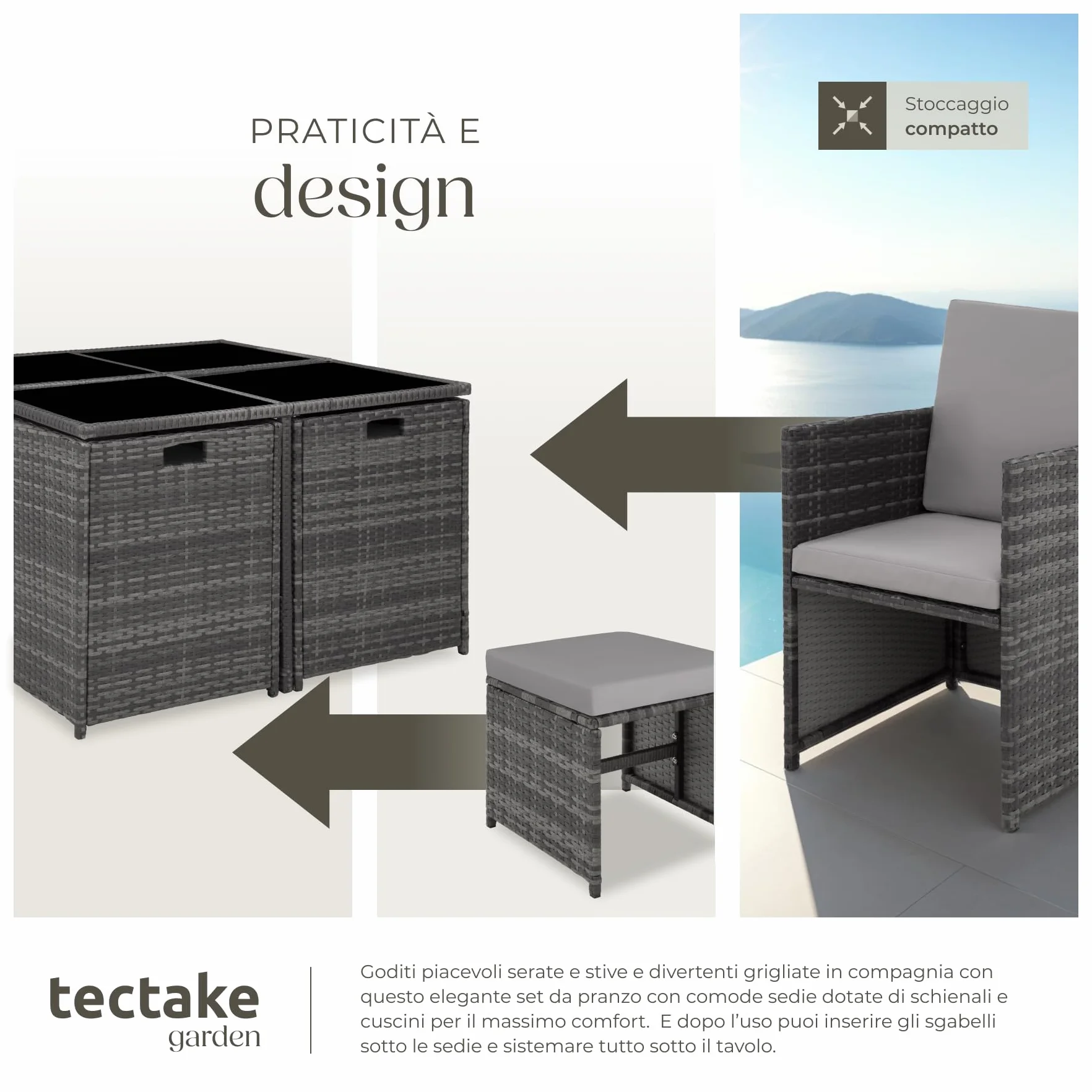 Set Mobili Rattan Bilbao 4 Sedie 4 Sgabelli Tavolo Acciaio Poly Rattan Giardino Terrazzo Grigio
