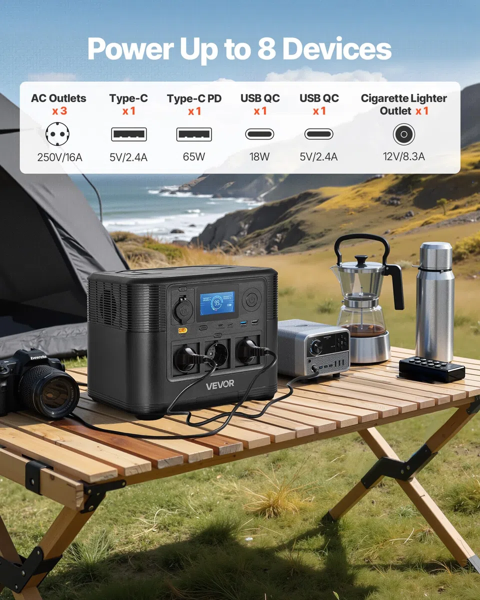 VEVOR Centrale Elettrica Portatile Generatore Solare da 1800 W Batteria di Backup LiFePO4 da 1008 Wh con 8 Porte di Uscite per Campeggio Viaggio Camper Emergenza, Pannello Solare Non Incluso
