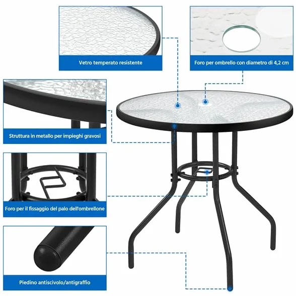 Yaheetech Tavolo da Giardino Rotondo in Vetro Diametro 70 cm con Foro Ombrellone Altezza 73 cm Nero