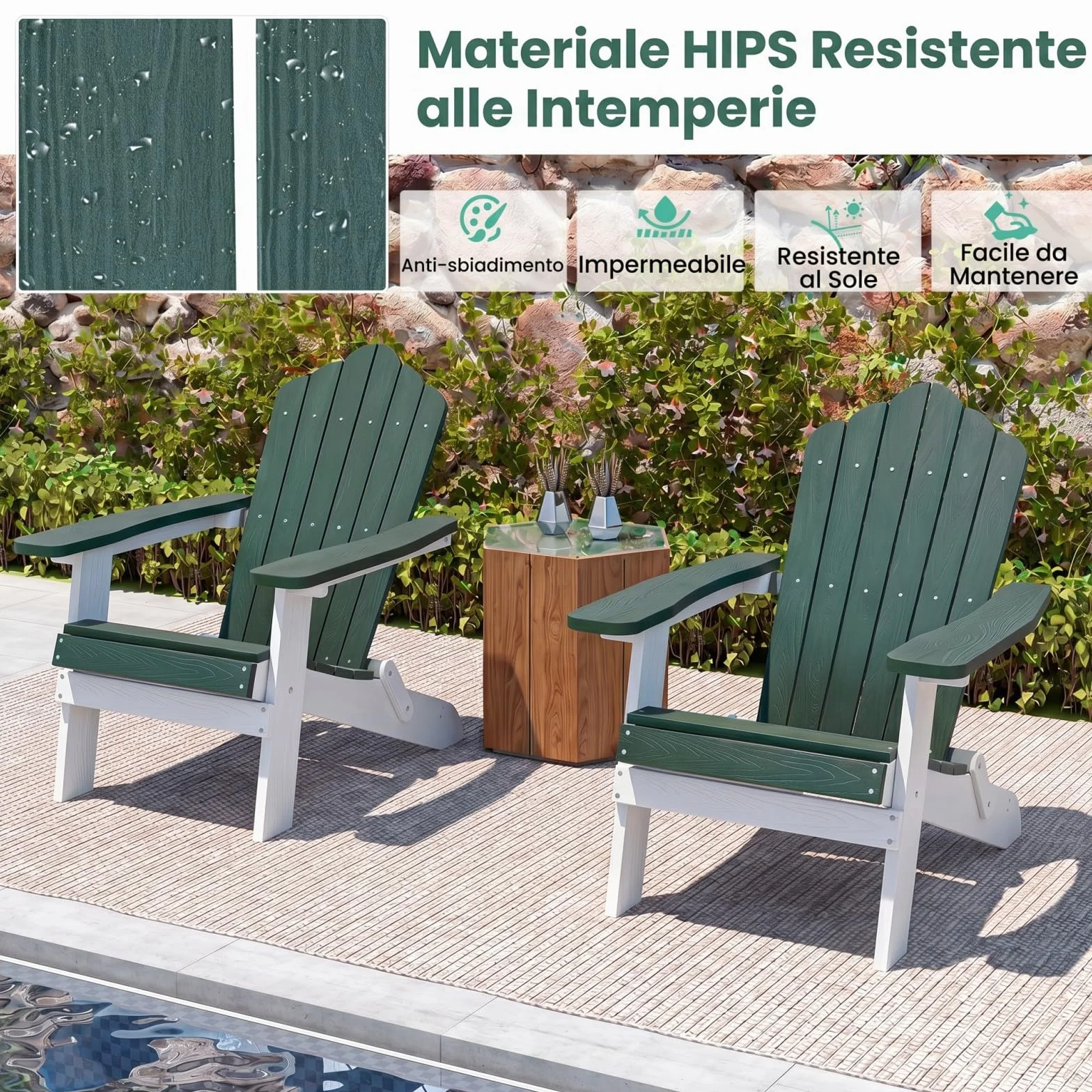 COSTWAY Sedia Adirondack Pieghevole da Giardino, Sedia da Patio in HIPS con Braccioli Larghi e Schienale Inclinato, Poltrona in Legno, per Giardino Cortile, Portata 180 kg (1, Verde+Bianco)