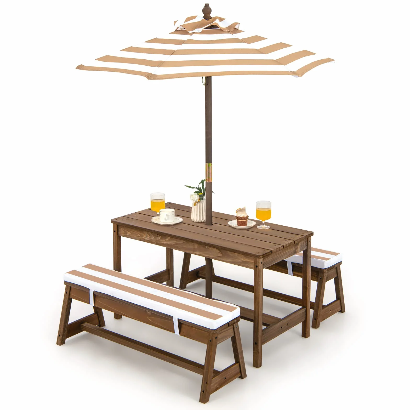 COSTWAY Tavolo da Picnic per Bambini con Parasole Pieghevole, Set Tavolo e Panca in Legno con Cuscini, Marrone
