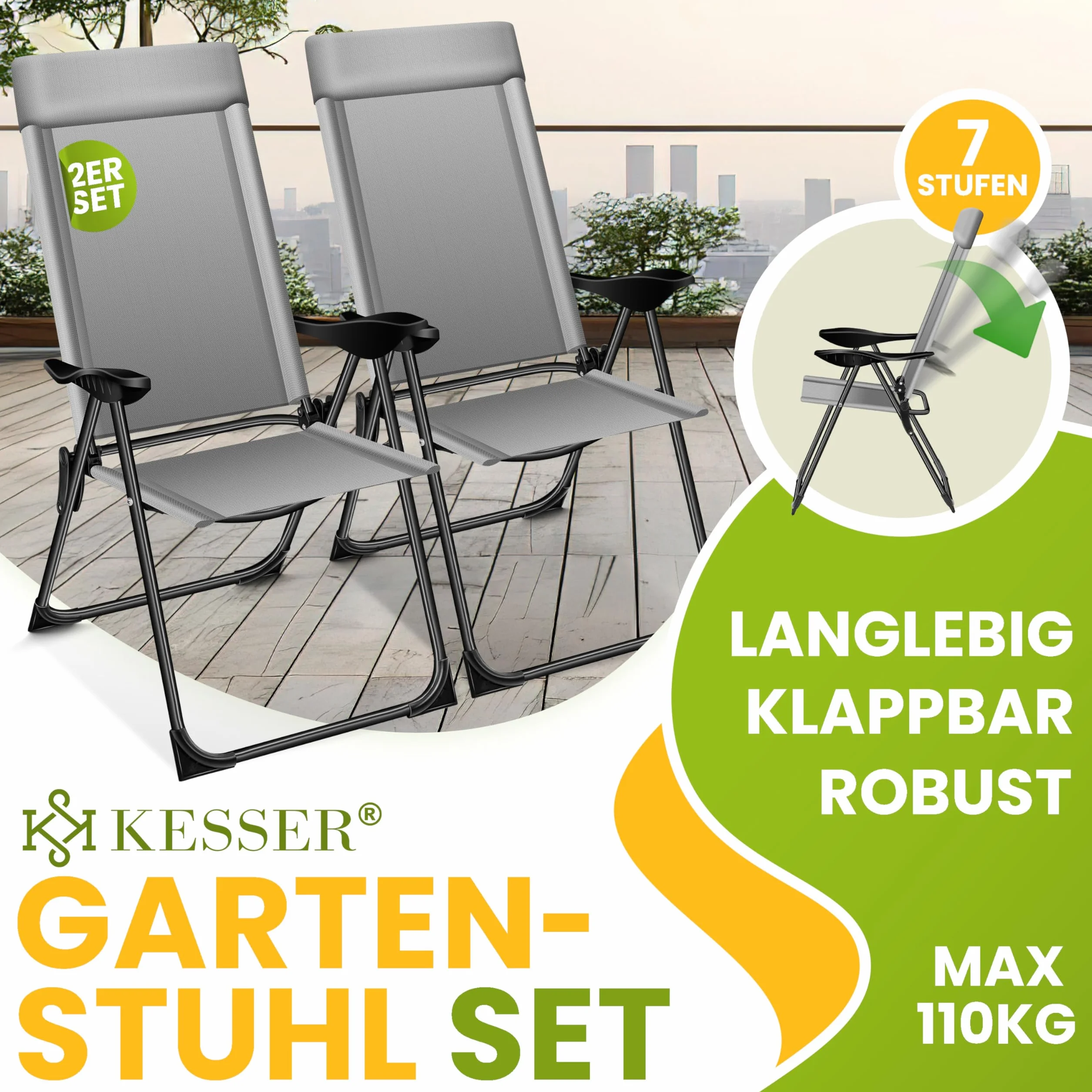 KESSER® Set di 2 sedie da Giardino, Sedia Pieghevole in Alluminio con Schienale Alto Regolabile in 7 direzioni con braccioli, Sedia da Balcone, Sedia da Campeggio Pieghevole Traspirante