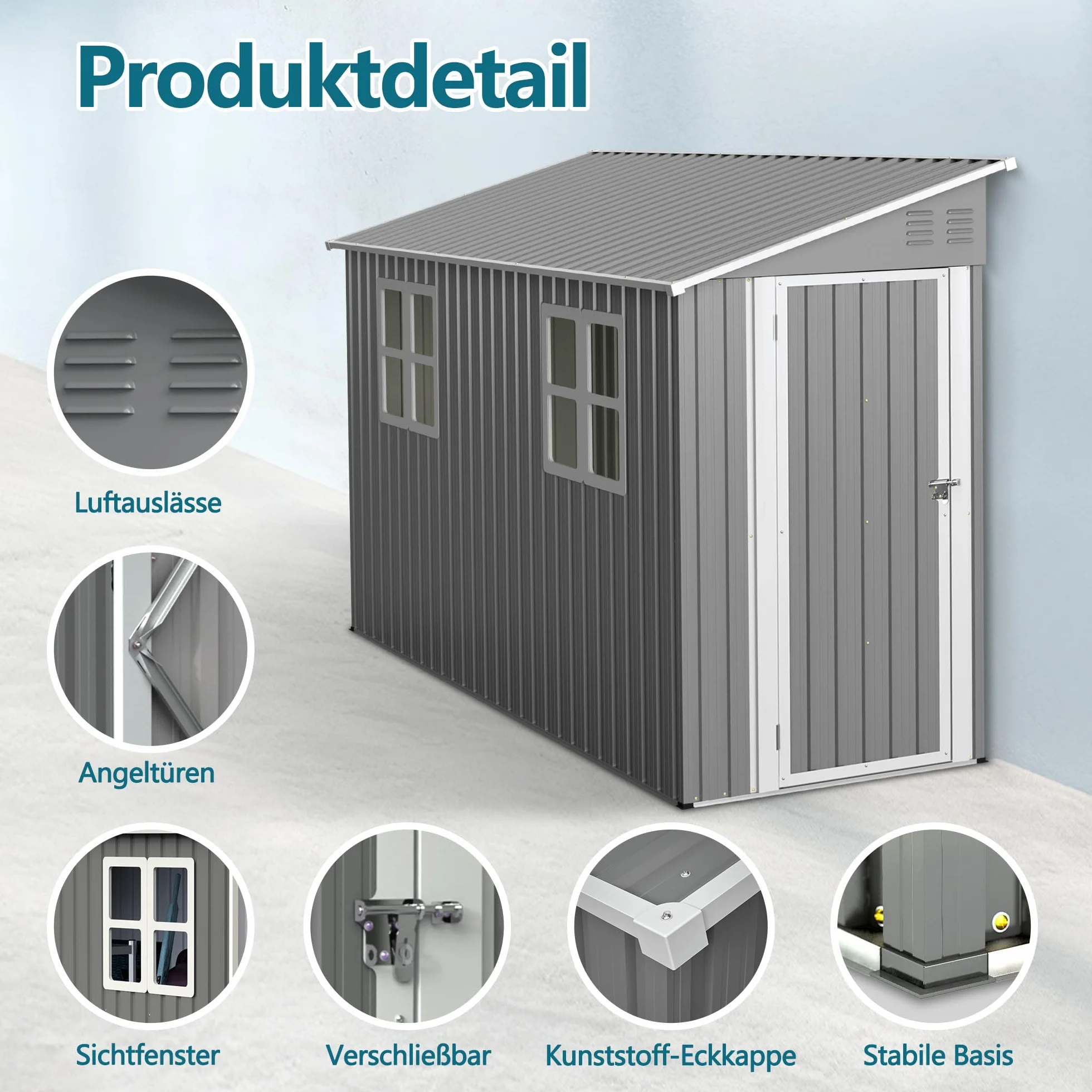 Robusta casetta da giardino in metallo, 1,2 x 3 m, con struttura in acciaio, resistente alle intemperie e sicura, grigio (grigio, 291 x 110,8 x 188,6 cm)