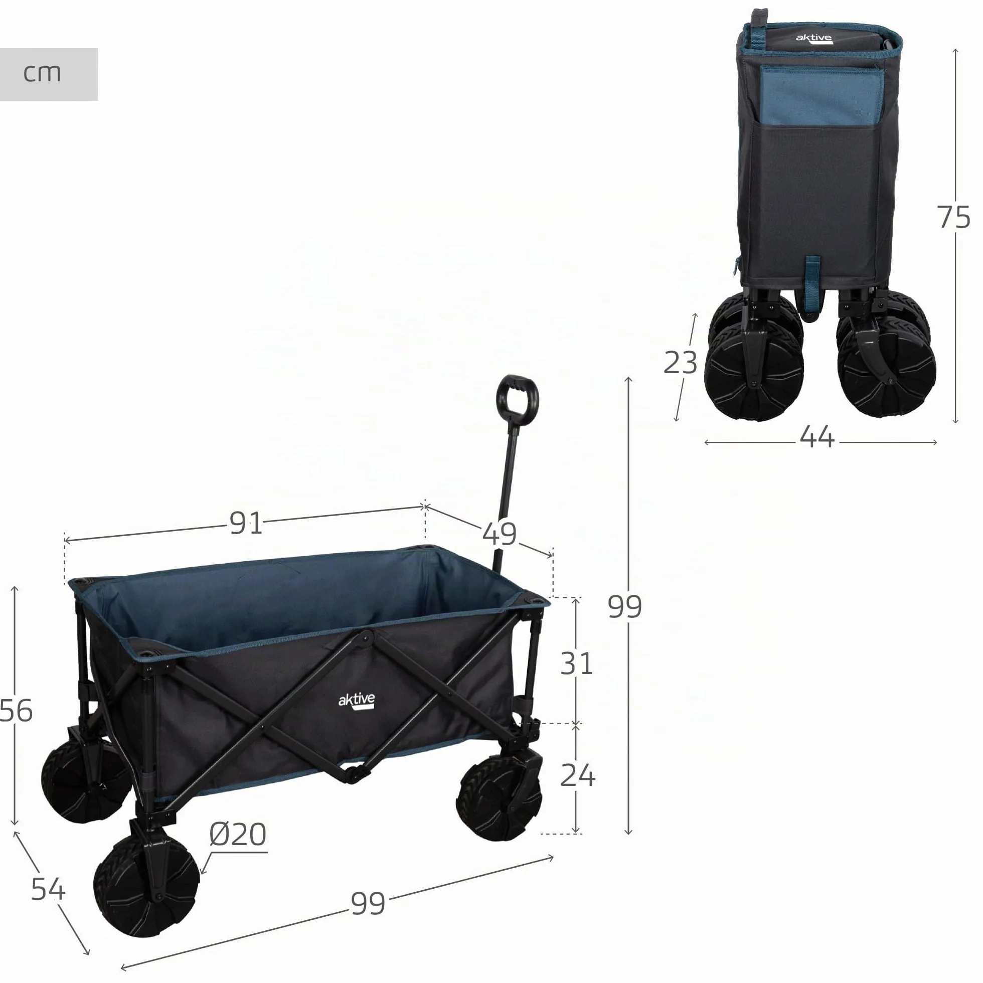 Aktive 62620 Carrello da trasporto pieghevole 91x49x99 cm con grandi ruote fuoristrada