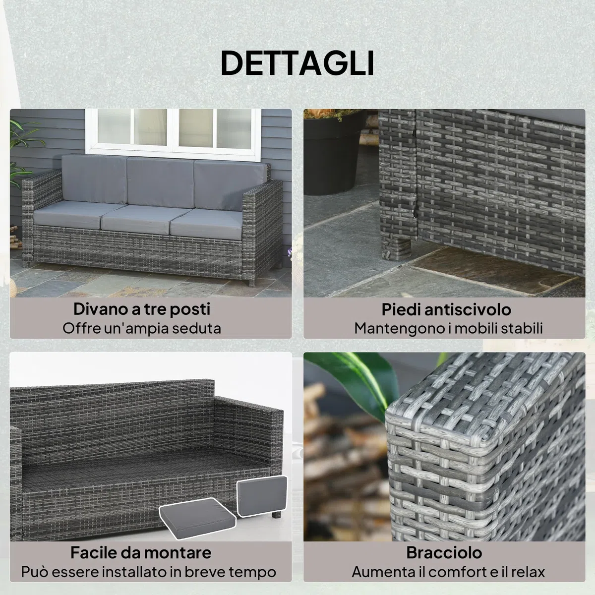 Outsunny Divanetto da Esterno 3 Posti in Rattan PE, Divano da Esterno con Cuscini Imbottiti e Sfoderabili, Struttura in Metallo per Giardino, Patio e Terrazzo, 185x70x80 cm, Grigio
