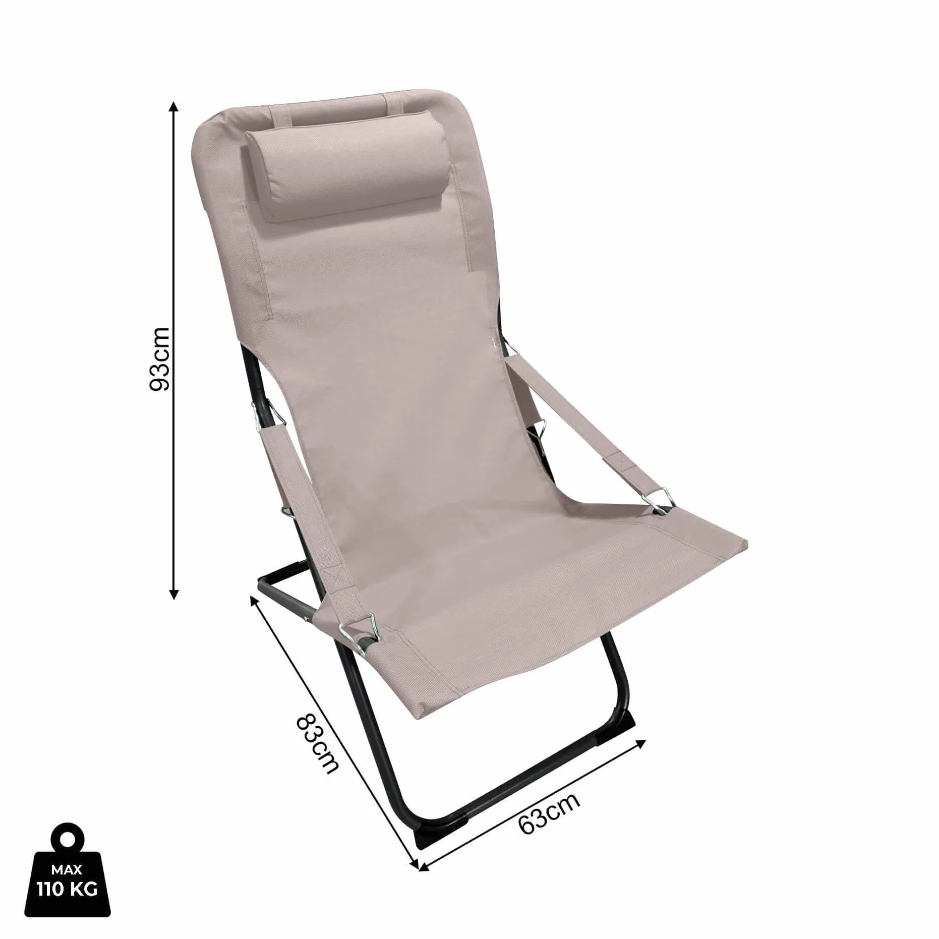 Rebecca Mobili Sedia da Esterno Pieghevole Reclinabile con Braccioli Acciaio Poliestere Beige Grigio Scuro 88x63x83 cm