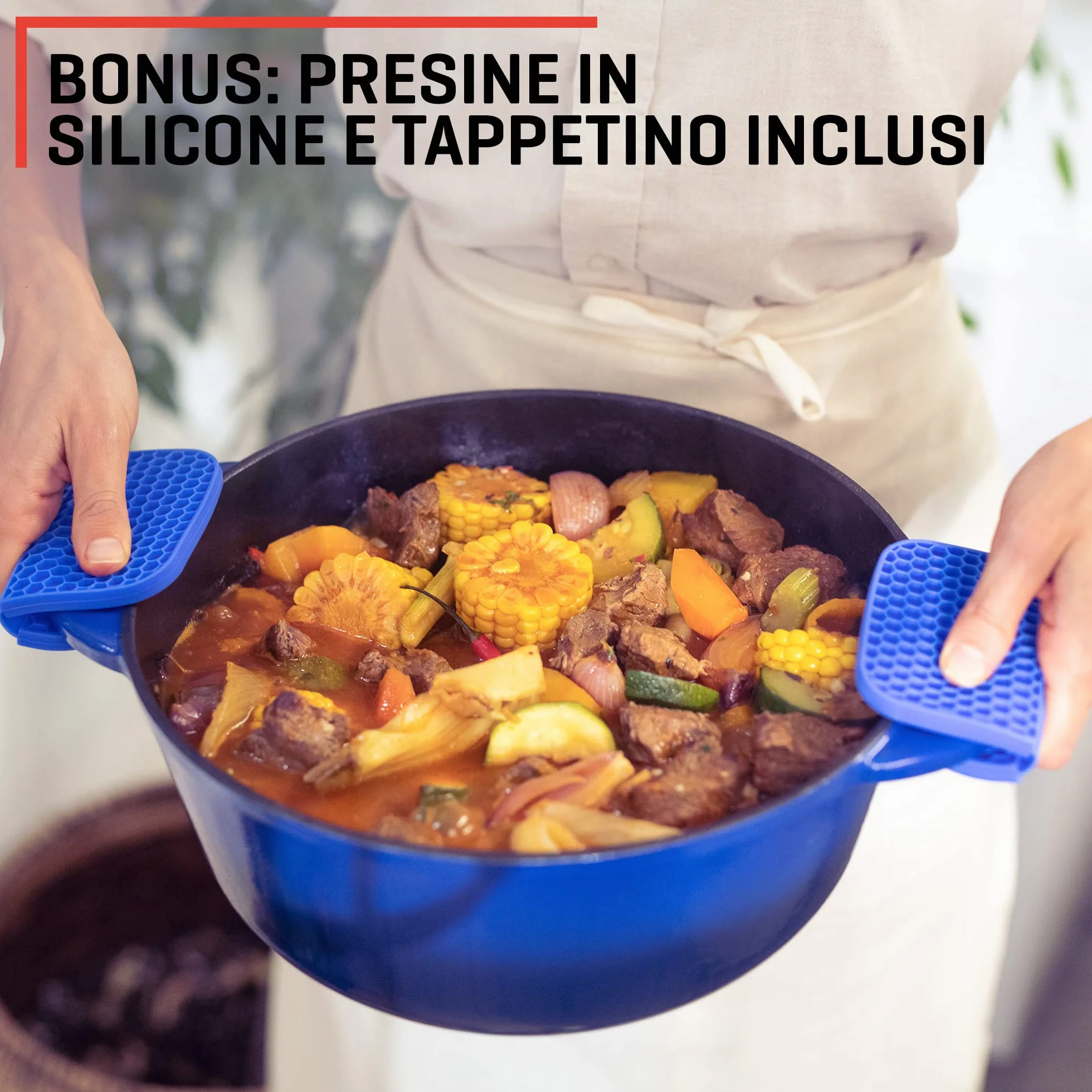 Uno Casa Pentola Forno Olandese in Ghisa Smaltata 5,6 litri Blu con Presine e Sottopentola in Silicone