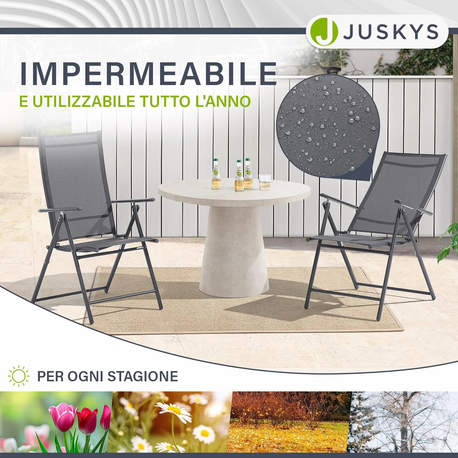 Juskys Sedie da giardino Calena set 4 pezzi antracite – Schienale regolabile in 7 posizioni – pieghevoli con struttura in acciaio e tessuto traspirante