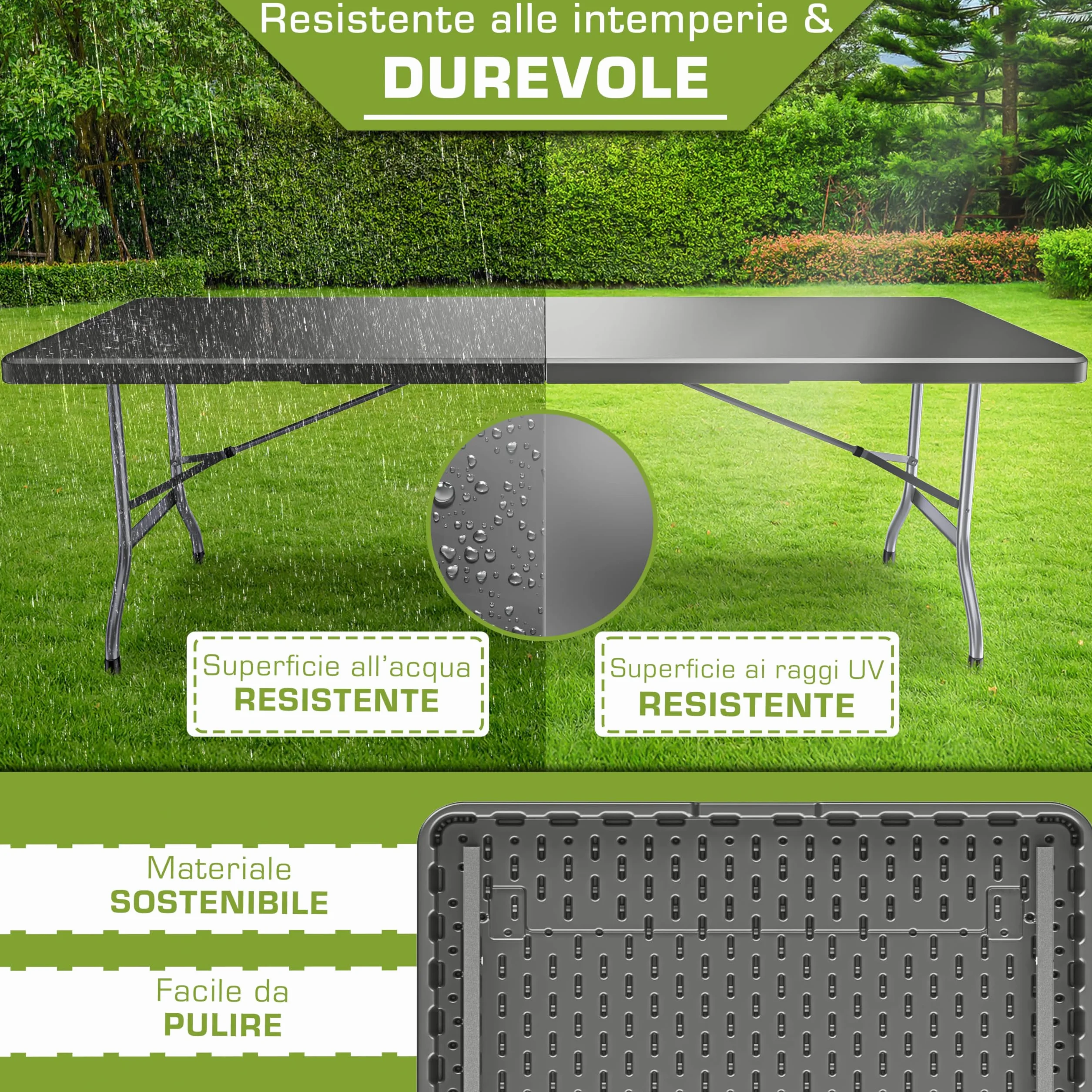 tillvex Tavolo da giardino pieghevole 180x75cm plastica