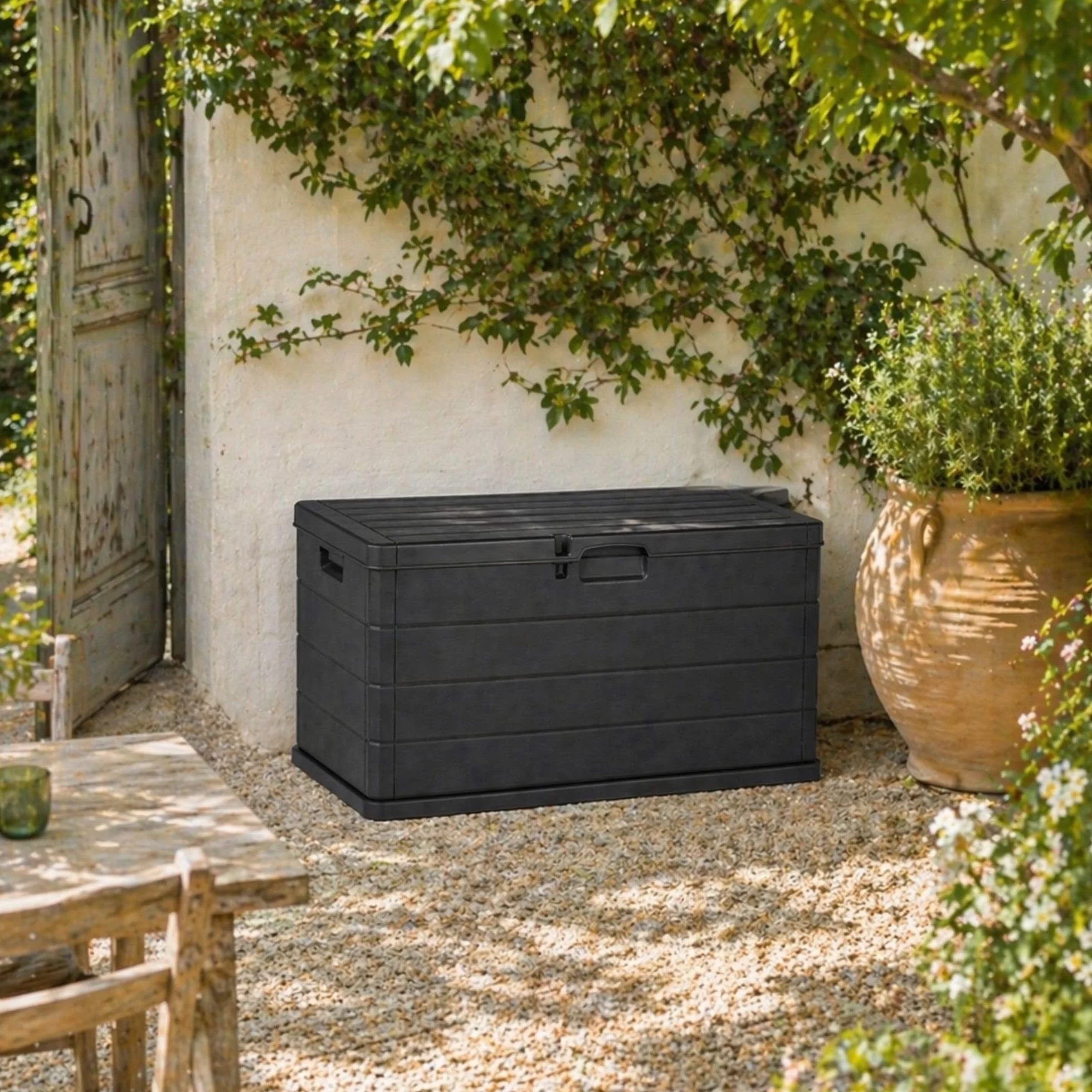 Cassapanca da Esterno 340 Litri Effetto Legno Antracite 118x59x56,5 cm Made in Italy