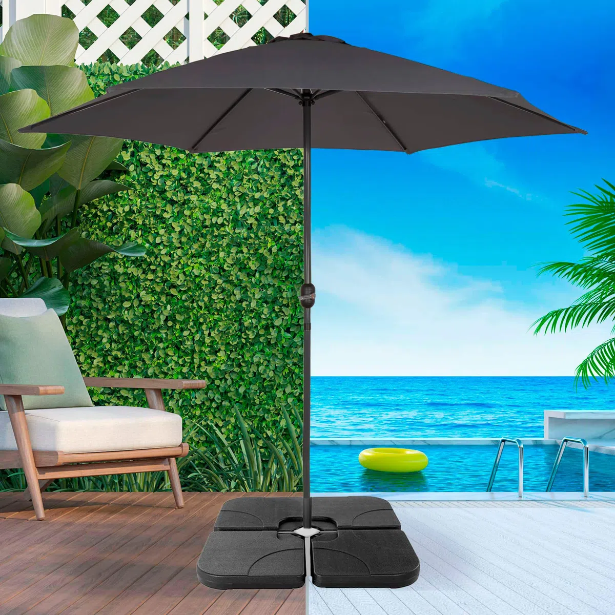 AKTIVE Base per ombrellone riempibile, 4 pezzi in HDPE nero 50x50x7,5 cm, fino a 80 kg con sabbia o 60 l di acqua, con maniglie e sistema di fissaggio (62196)