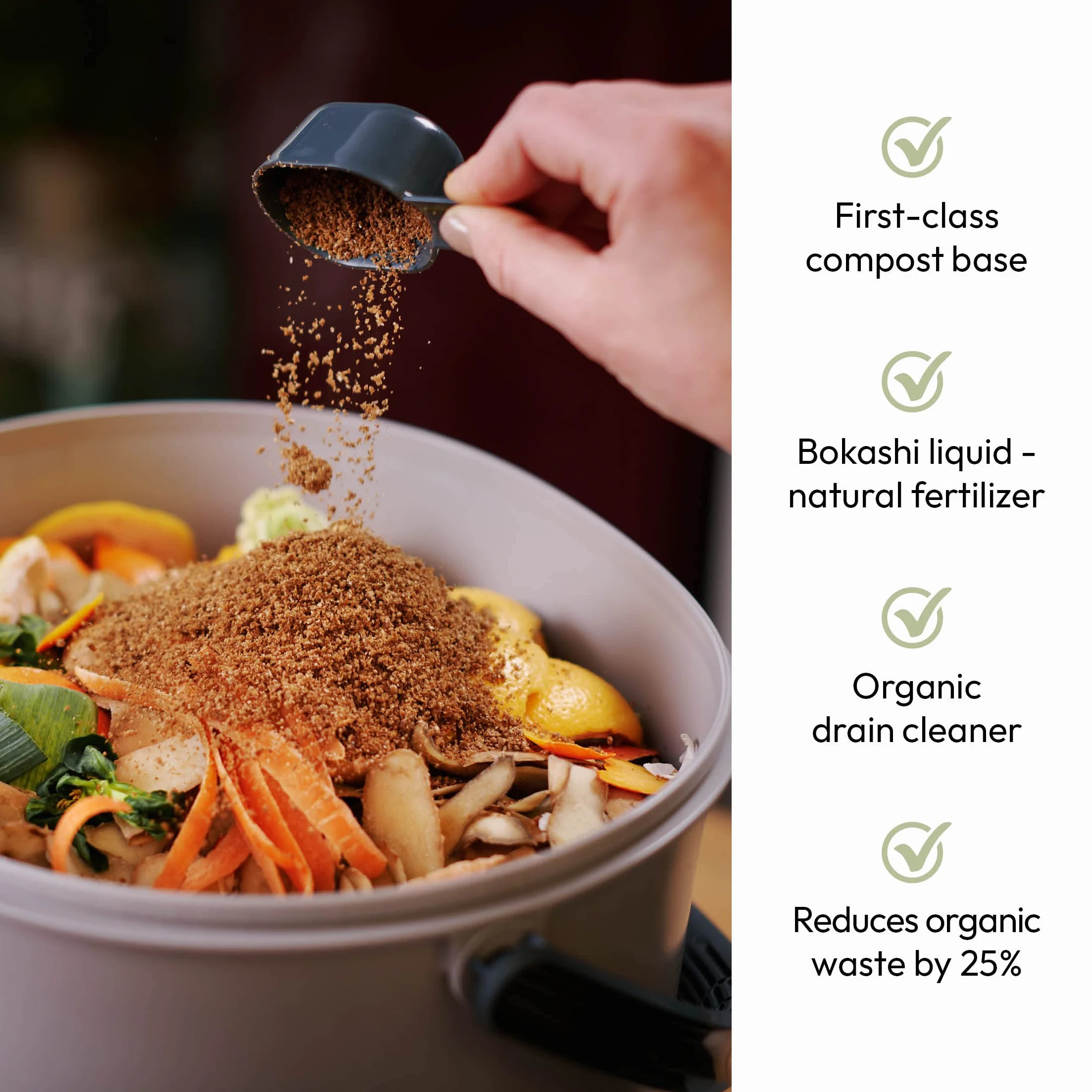 Skaza Bokashi Essential - Pattumiera biologica da cucina (15,3 litri) + base – Secchio per compost cucina e giardino in plastica riciclata – Starter Set + incl. 1 kg di avviamento per fermentazione