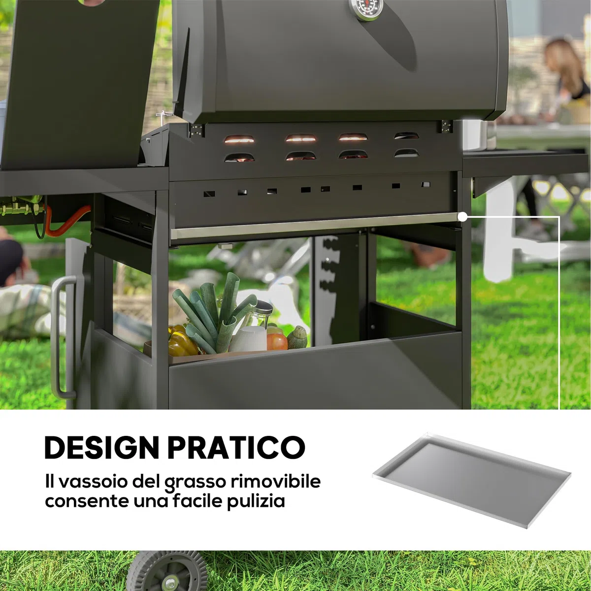 Outsunny Barbecue a Gas 4+1 Bruciatori 15.2 KW Acciaio PP con Ruote Armadietto Termometro Nero