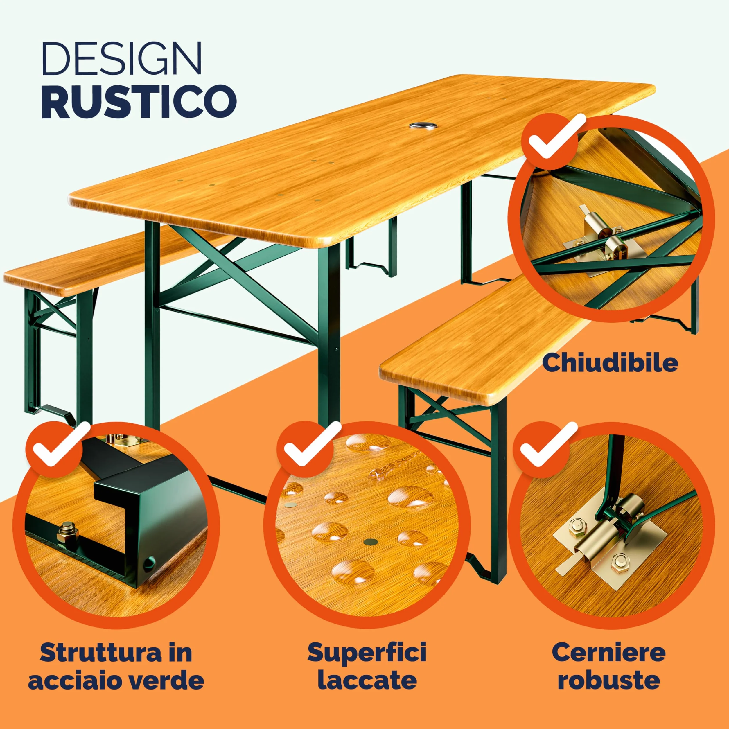 Casaria Pieghevole Set Tavolo da Birreria 170cm con Foro Ombrellone 2x Panche in Legno da Giardino