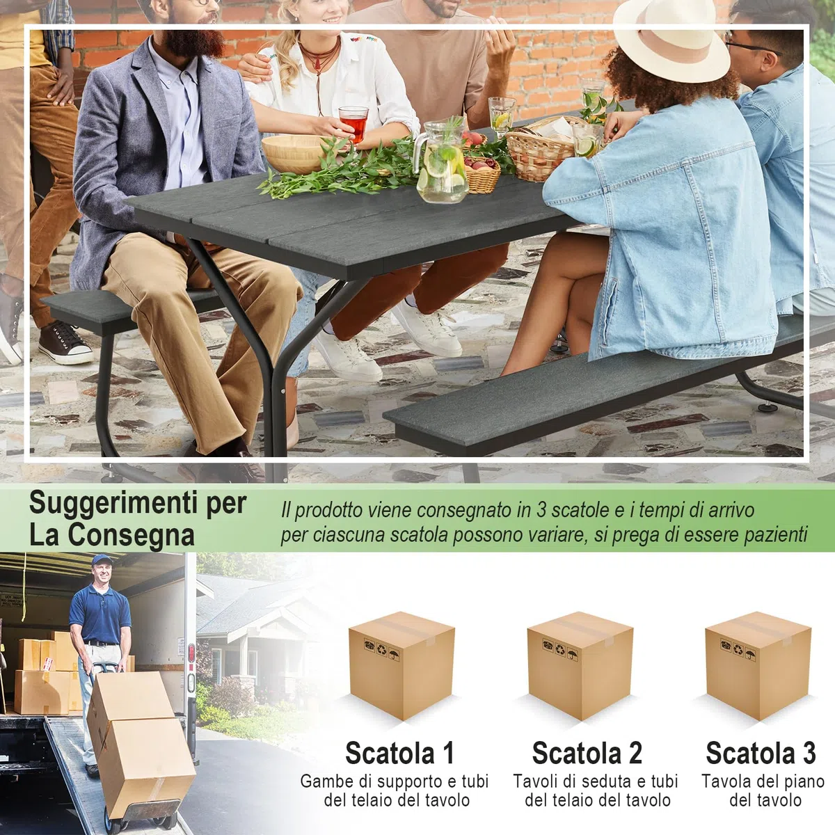 COSTWAY Tavolo da Pranzo 183 CM con 2 Panche per 8 Persone, Set da Picnic in Metallo e HDPE con Foro per Ombrellone, per Giardino Terrazzo (Grigio)