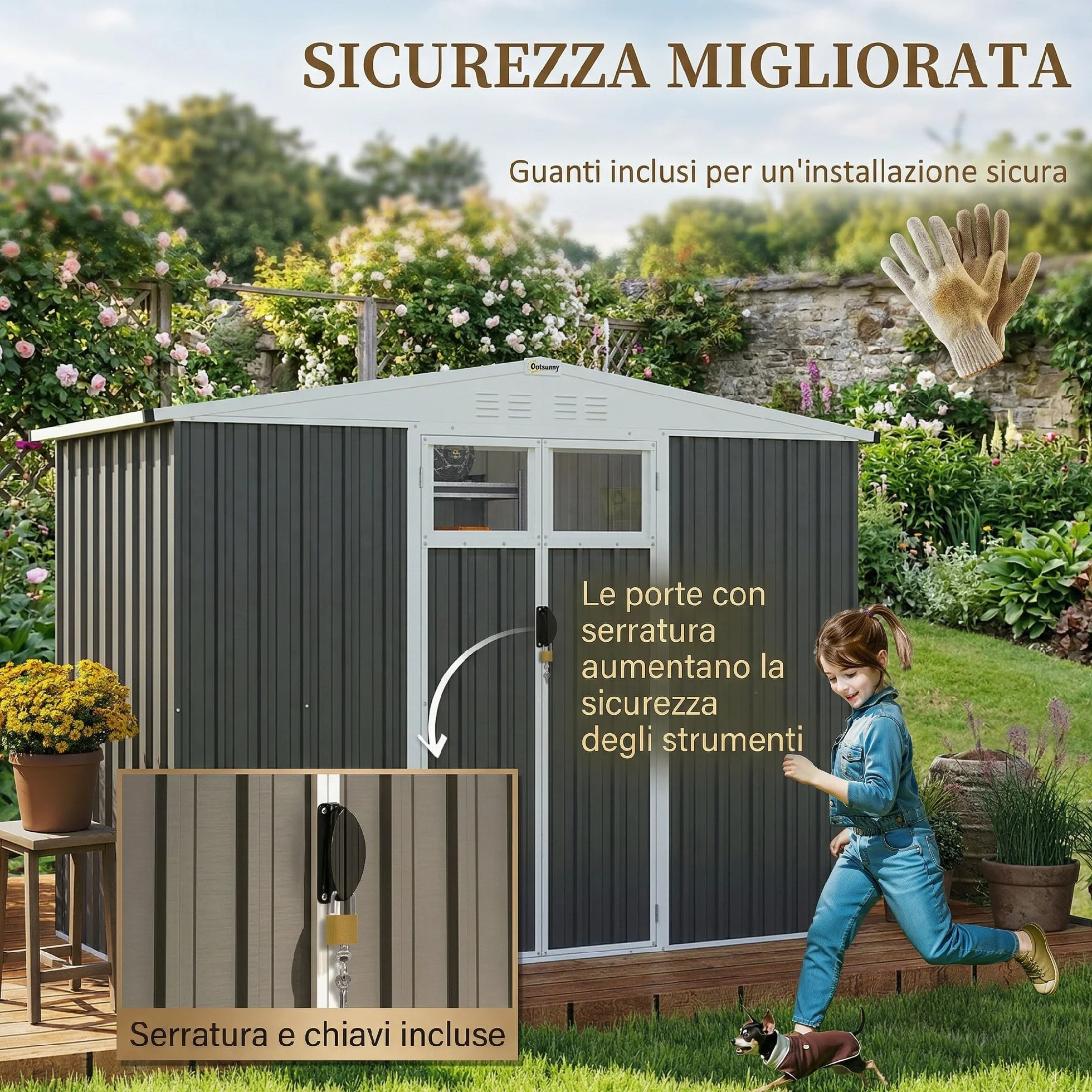 Outsunny Casetta da Giardino 2.7m² in Acciaio Zincato con 4 Prese d'Aria e 2 Finestre Trasparenti, Capanno Porta Attrezzi con Tetto Inclinato, Doppio Porte Bloccabili con Chiavi e Guanti Grigio Scuro
