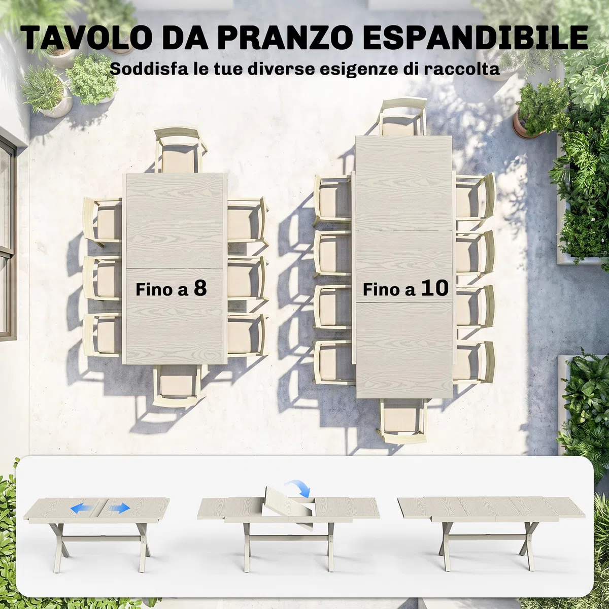 Outsunny Tavolo da Giardino Allungabile per 8-10 Persone 154/214x85cm, Tavolo da Pranzo Estensibile Esterno Alluminio Piano Effetto Legno, Gambe a X Acciaio per Patio Terrazzo Balcone, Grigio Argento