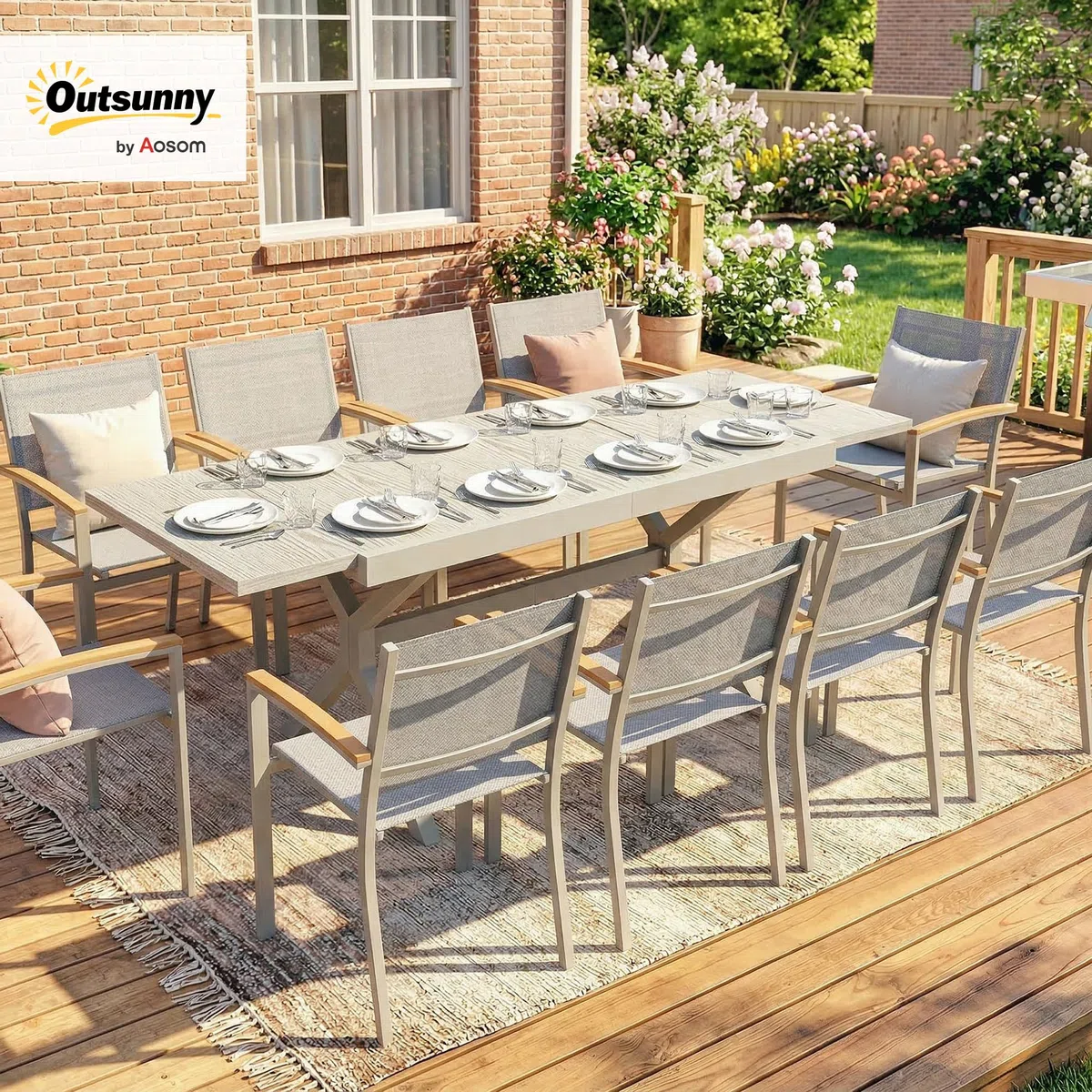 Outsunny Tavolo da Giardino Allungabile per 8-10 Persone 154/214x85cm, Tavolo da Pranzo Estensibile Esterno Alluminio Piano Effetto Legno, Gambe a X Acciaio per Patio Terrazzo Balcone, Grigio Argento