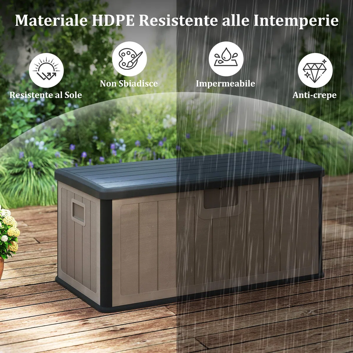 RELAX4LIFE Cassapanca Contenitore da Esterno cper Esterni da 378 L, in Resina per Interni ed Esterni con Coperchio Bloccabile, Impermeabile per,Attrezzi, Accessori per Piscina (MARRONE 2)