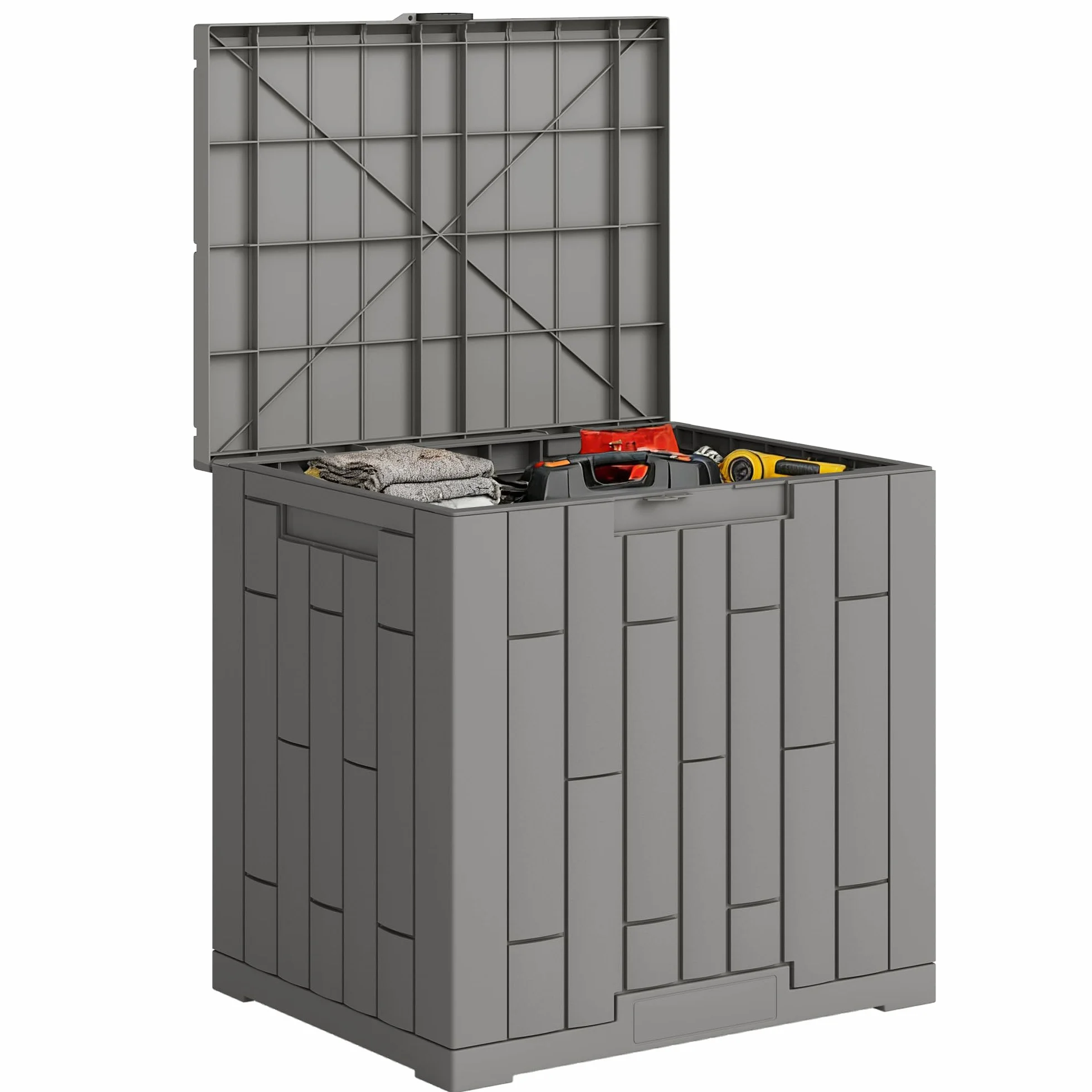 Outsunny Baule da Esterno 114L PP con Coperchio Serratura e Protezione UV, Effetto Legno Grigio