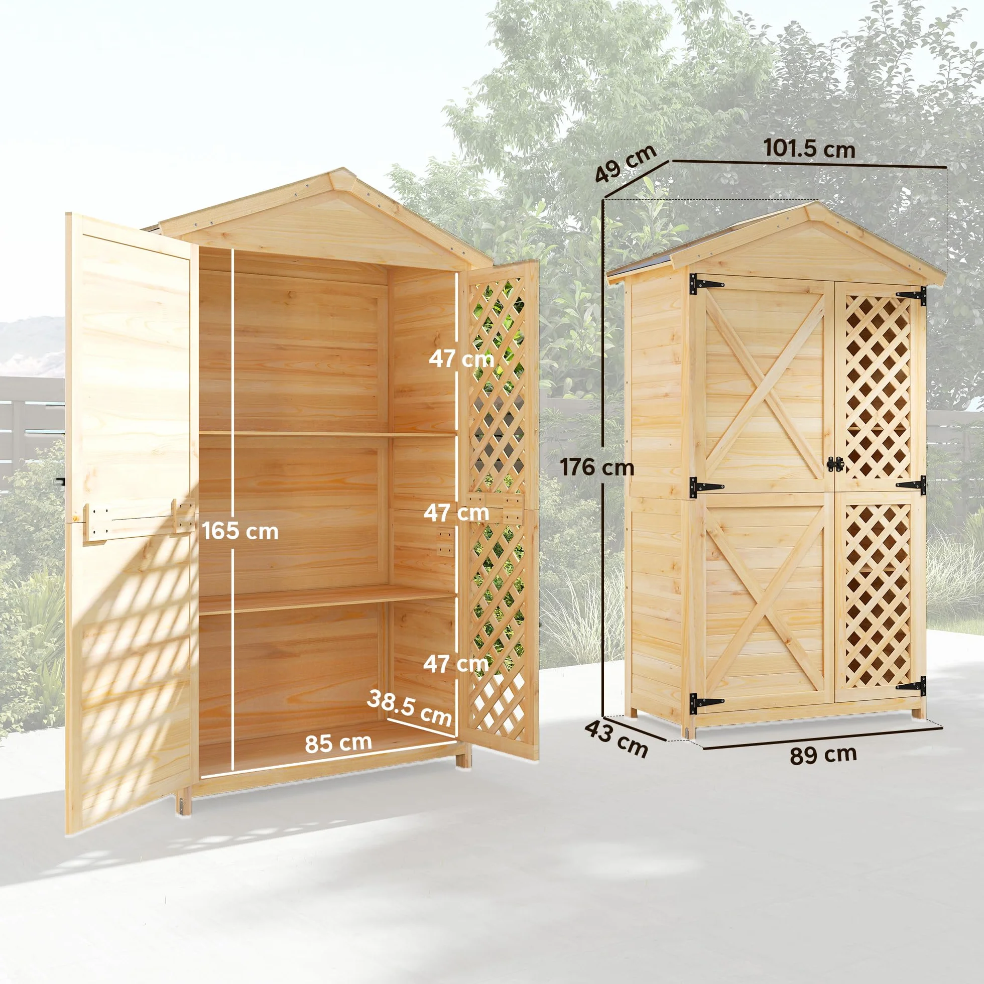 Outsunny Armadio da Giardino in Legno di Abete con Ante Ventilate e Kit Antiribaltamento, Casetta Porta Attrezzi da Esterno con Ripiani Rimovibili e Tetto Inclinato in Asfalto, Colore Legno