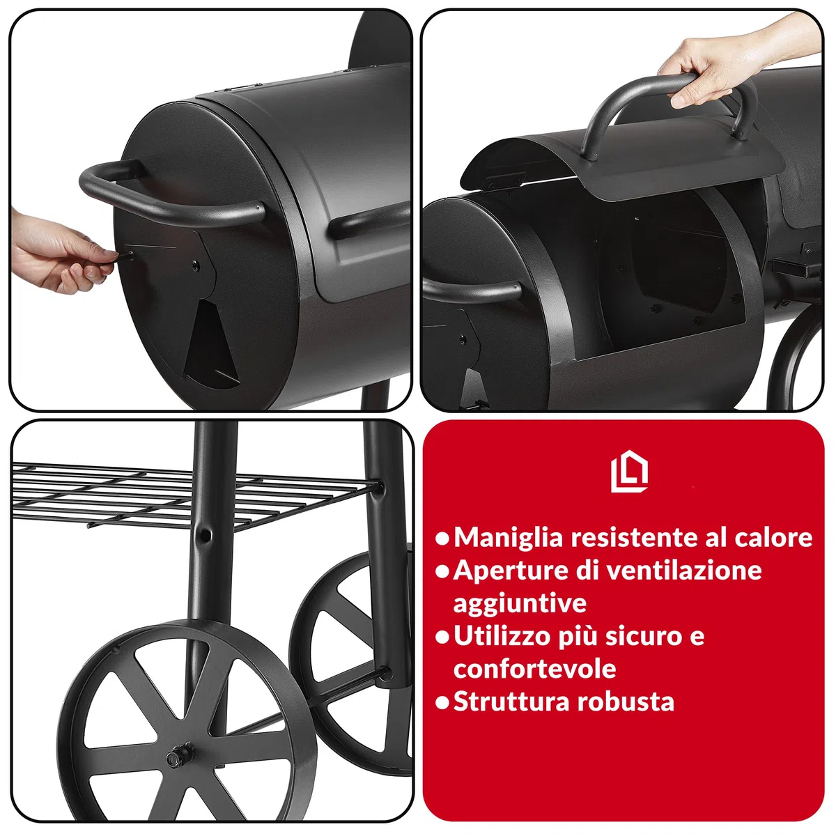 LEHMANN Barbecue a Carbonella e Affumicatore 2 in 1, BBQ Griglia di Cottura XXL, Coperchio con Termometro e Maniglia Antiscottatura, 2 Ruote, Tavolini Laterali Pieghevoli & Ripiano Inferiore, Nero