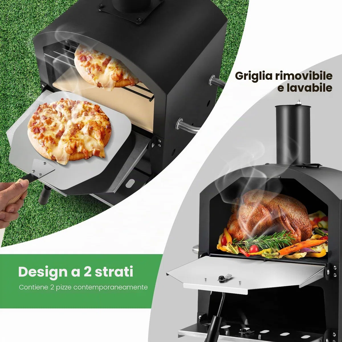 KOMFOTTEU Forno per pizza aperto per esterni 600°C, Acciaio inossidabile portatile 2 sezioni