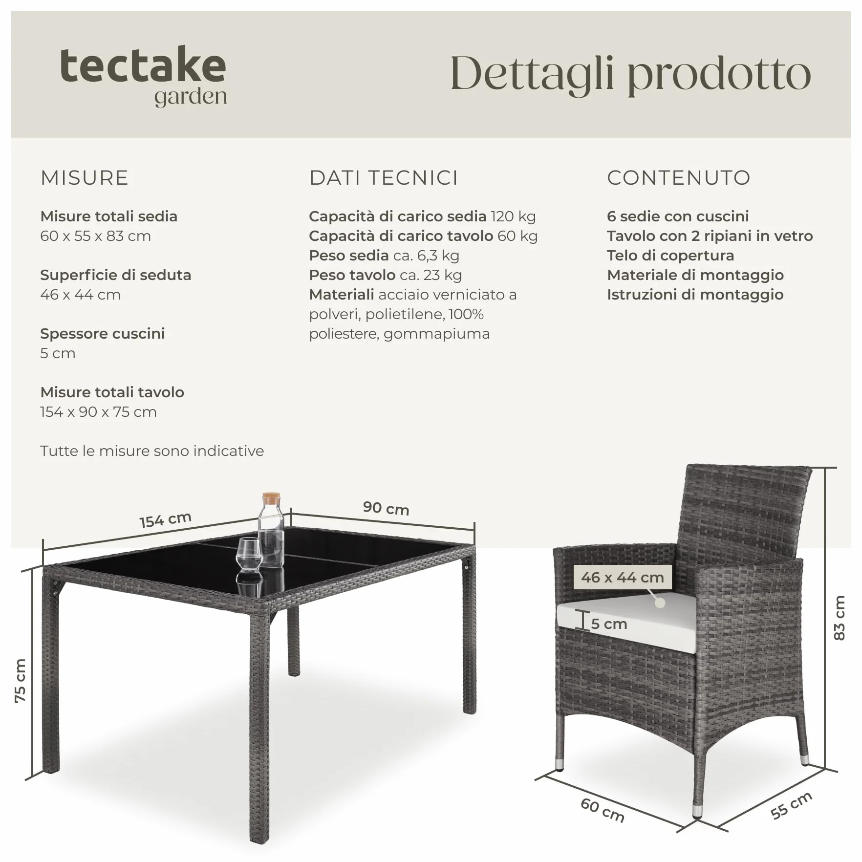 Tectake Set da Giardino Polyrattan 6 Sedie 1 Tavolo Grigio Bianco