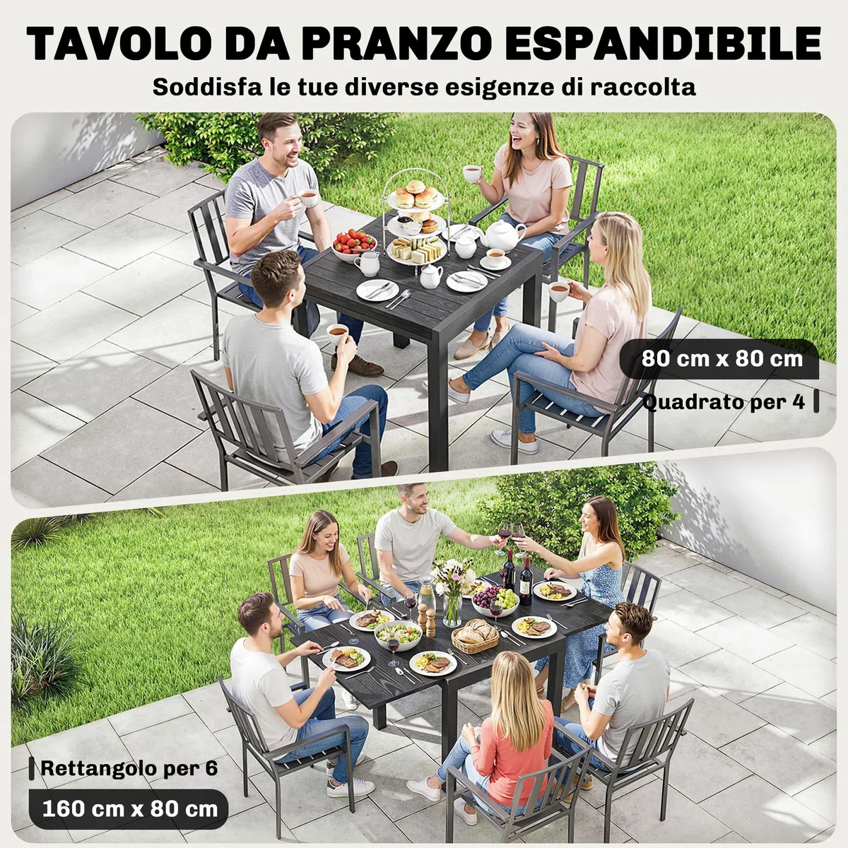 Outsunny Tavolo da Giardino Allungabile per 4-6 Persone 80/160x80 cm, Tavolo da Pranzo Esterno Estensibile Rettangolare in Alluminio con Piano Effetto Legno a Doghe, per Patio Terrazzo Balcone, Nero