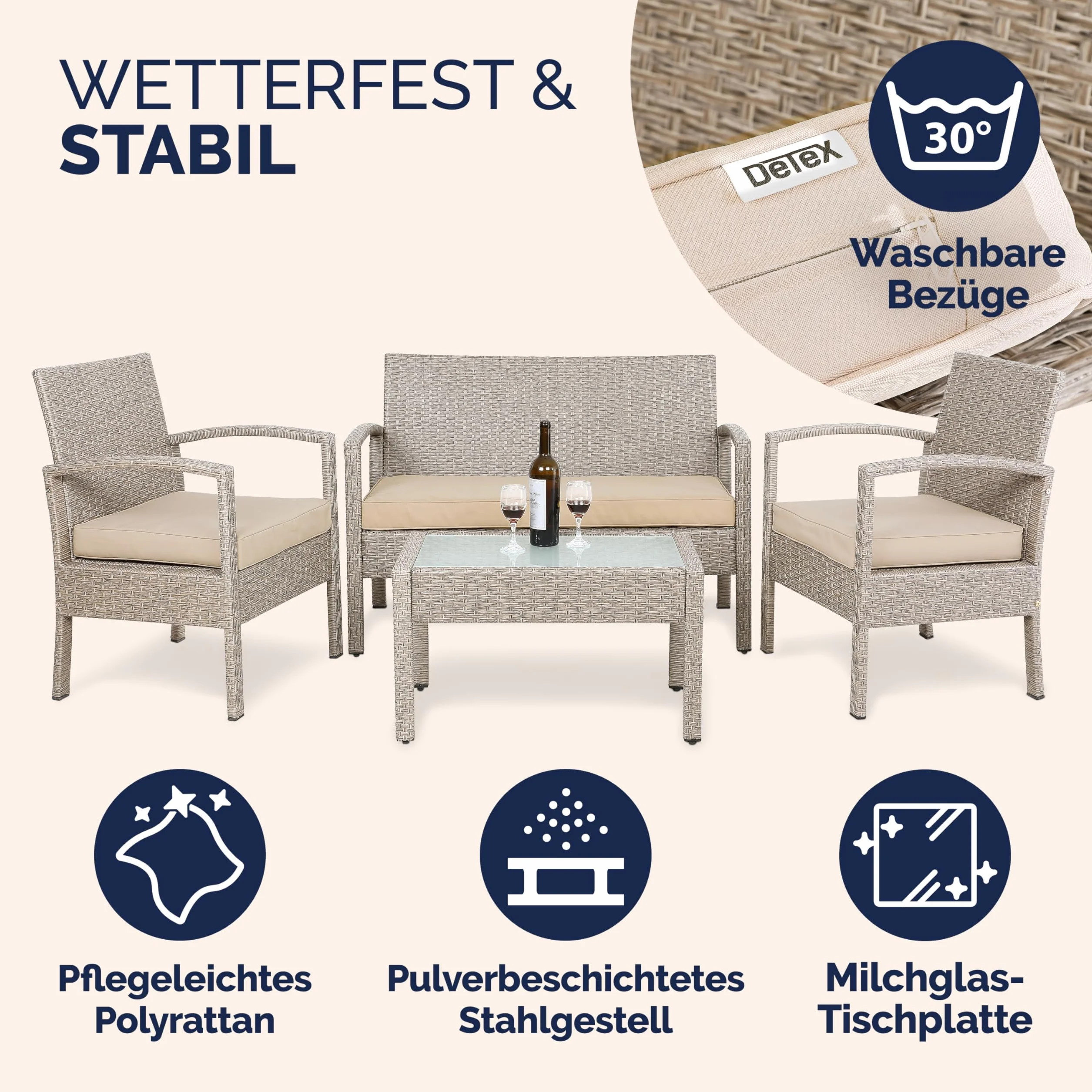 Casaria Lounge Tavolo da Giardino Polyrattan Set 4 Persone con Cuscini
