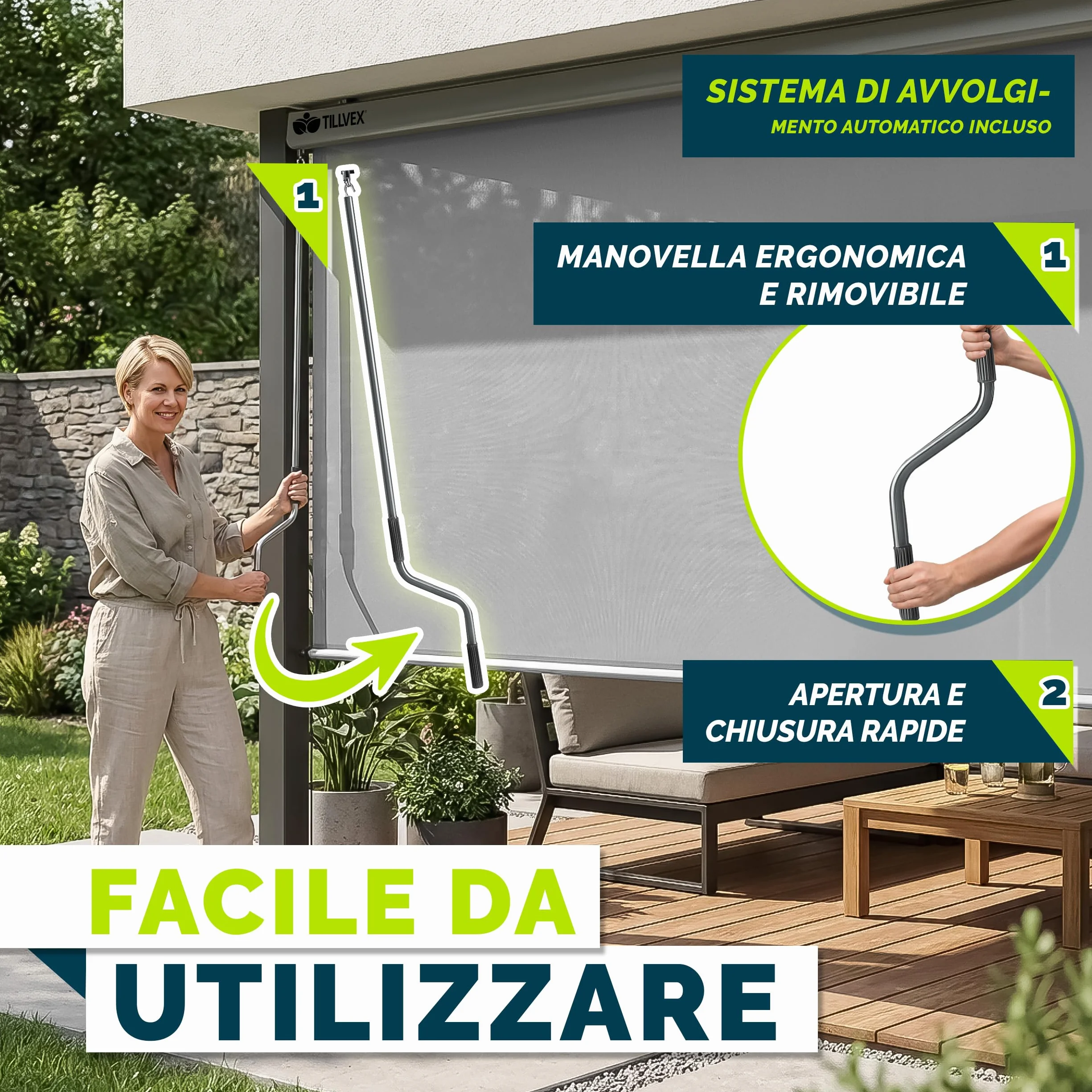 Tillvex Tenda da sole verticale 200 x 250 cm impermeabile con manovola in alluminio per balcone terrazza giardino
