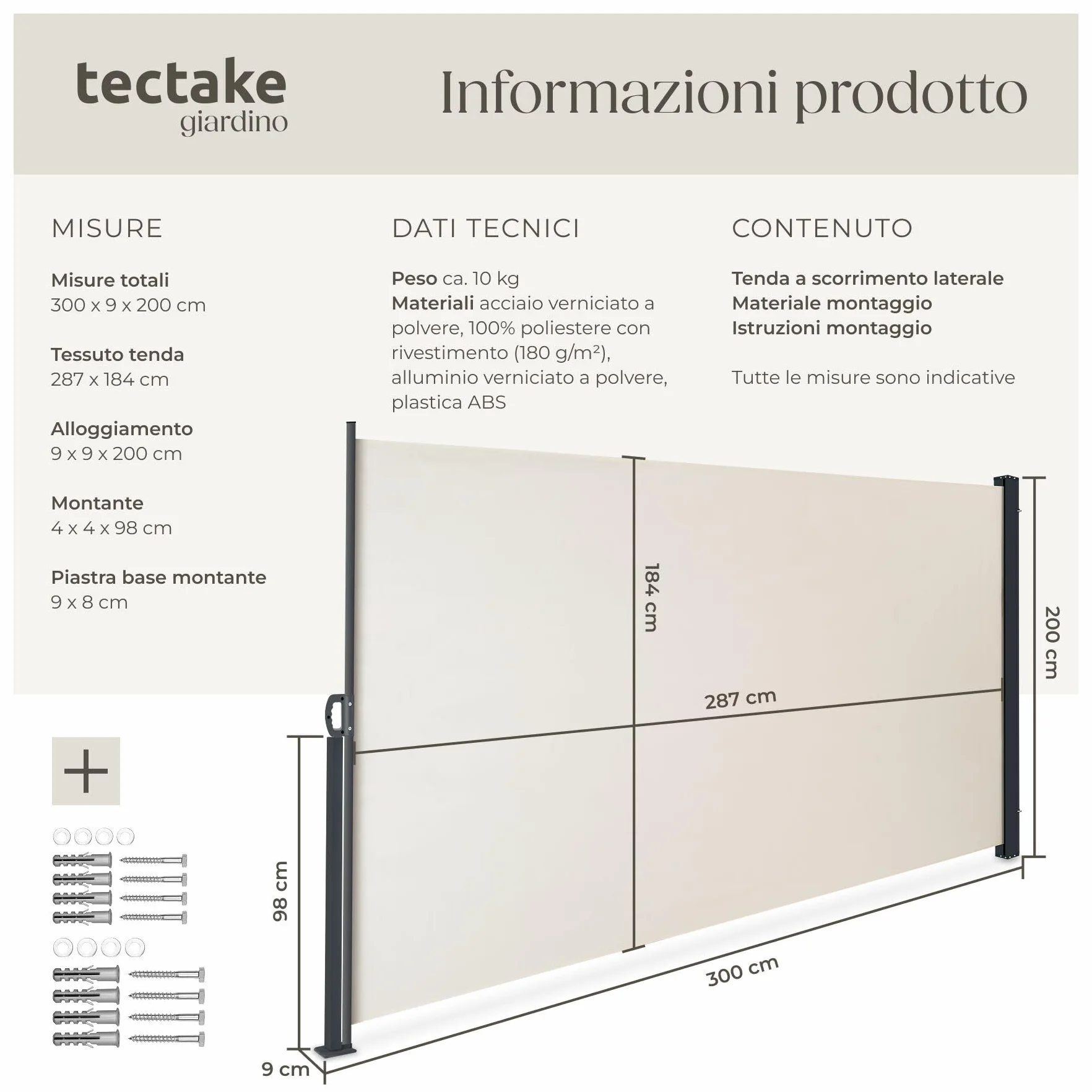Tectake Tenda Laterale Avvolgibile Estensibile 300 x 200 cm Paravento Esterno Acciaio Beige