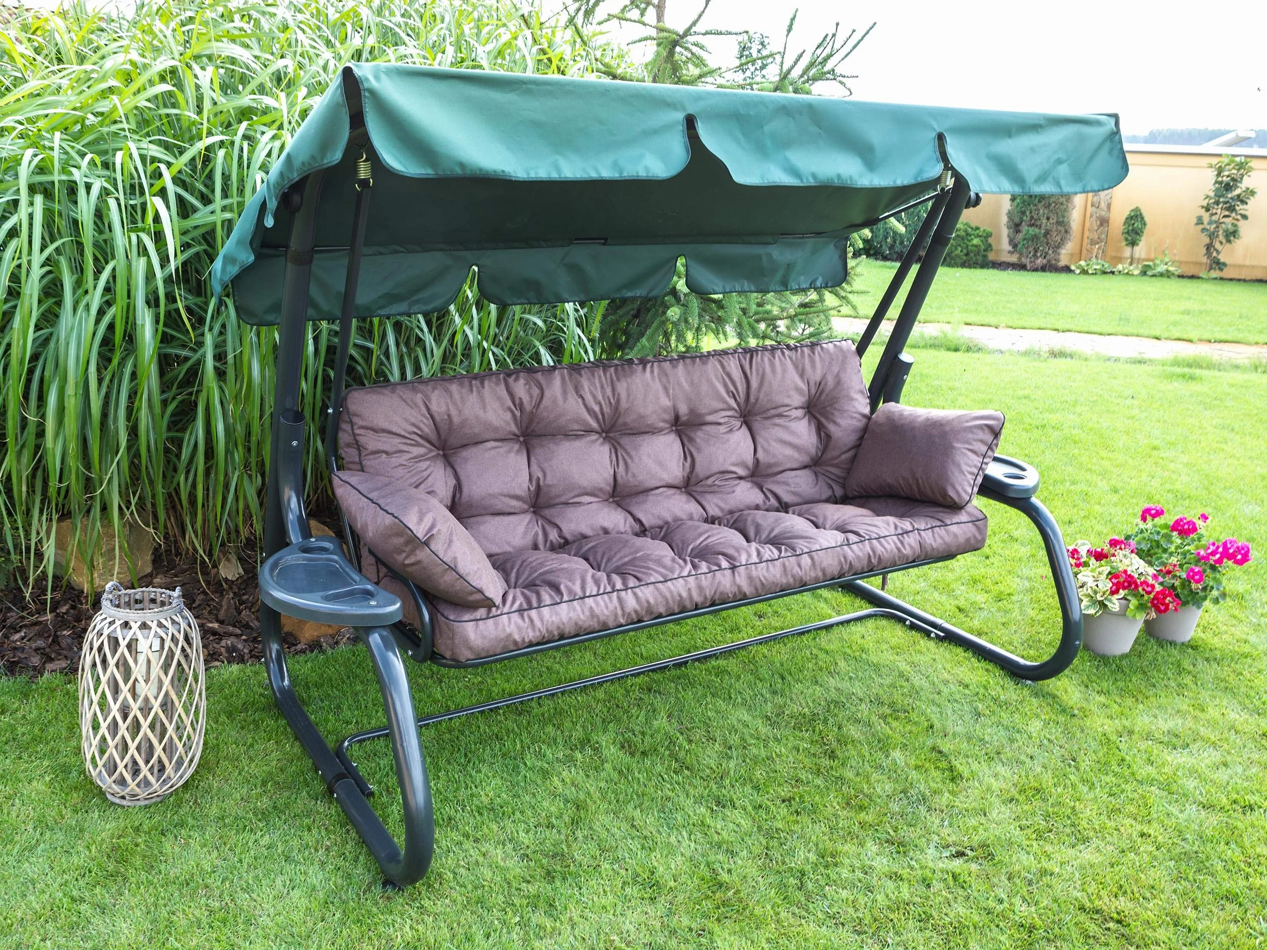 Cuscino per Panchina, Cuscino per panche da giardino a dondolo, Cuscino per panca altalena Hollywood - Cuscini Impermeabili con Cinghie di Fissaggio , incl. 2 cuscini laterali - 150 cm - marrone scuro