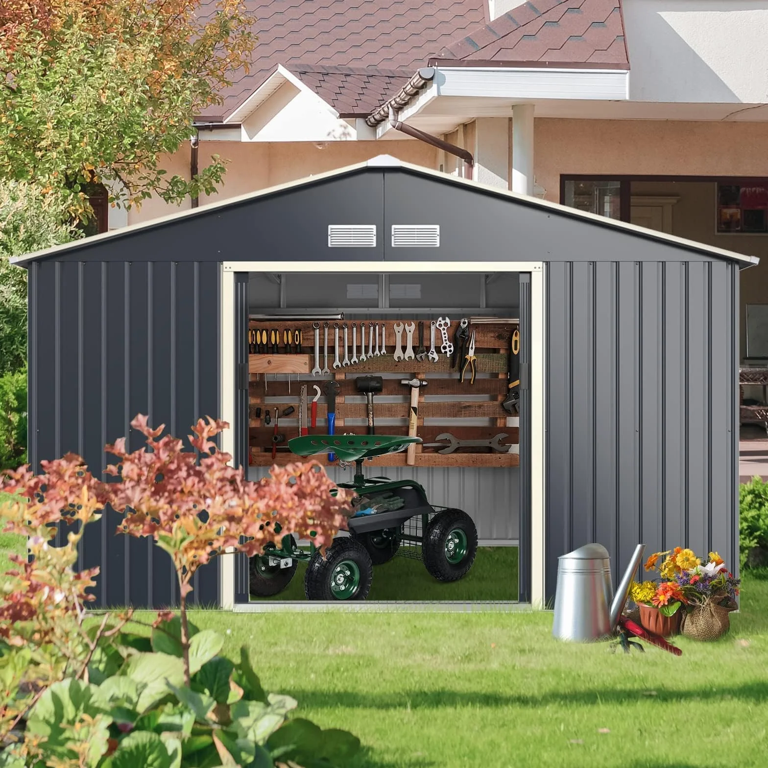RELAX4LIFE Casetta da Giardino 340 x 319 x 210 cm (10,19 m²), Acciaio Zincato, 4 Prese d'Aria, Porta 117x162 cm, Tetto Inclinato, Porte Scorrevoli, Expandibile, Grigio