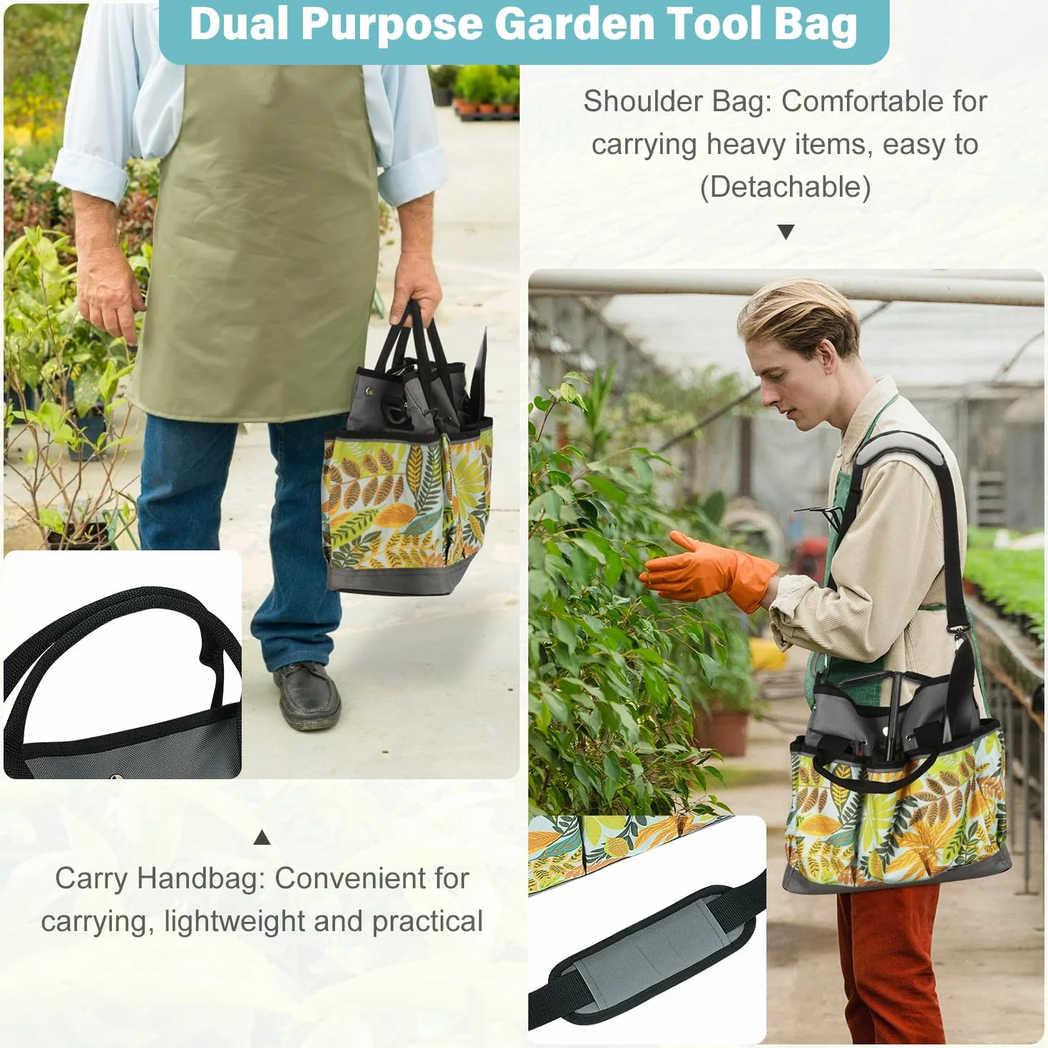 MORROWIND Borsa Attrezzi da Giardino in Tessuto Oxford, Tote con Tasche e Tracolla Regolabile Organizzatore Attrezzi con Tasca con Cerniera per Giardinaggio e Lavoro nel Prato, Verde Floreale