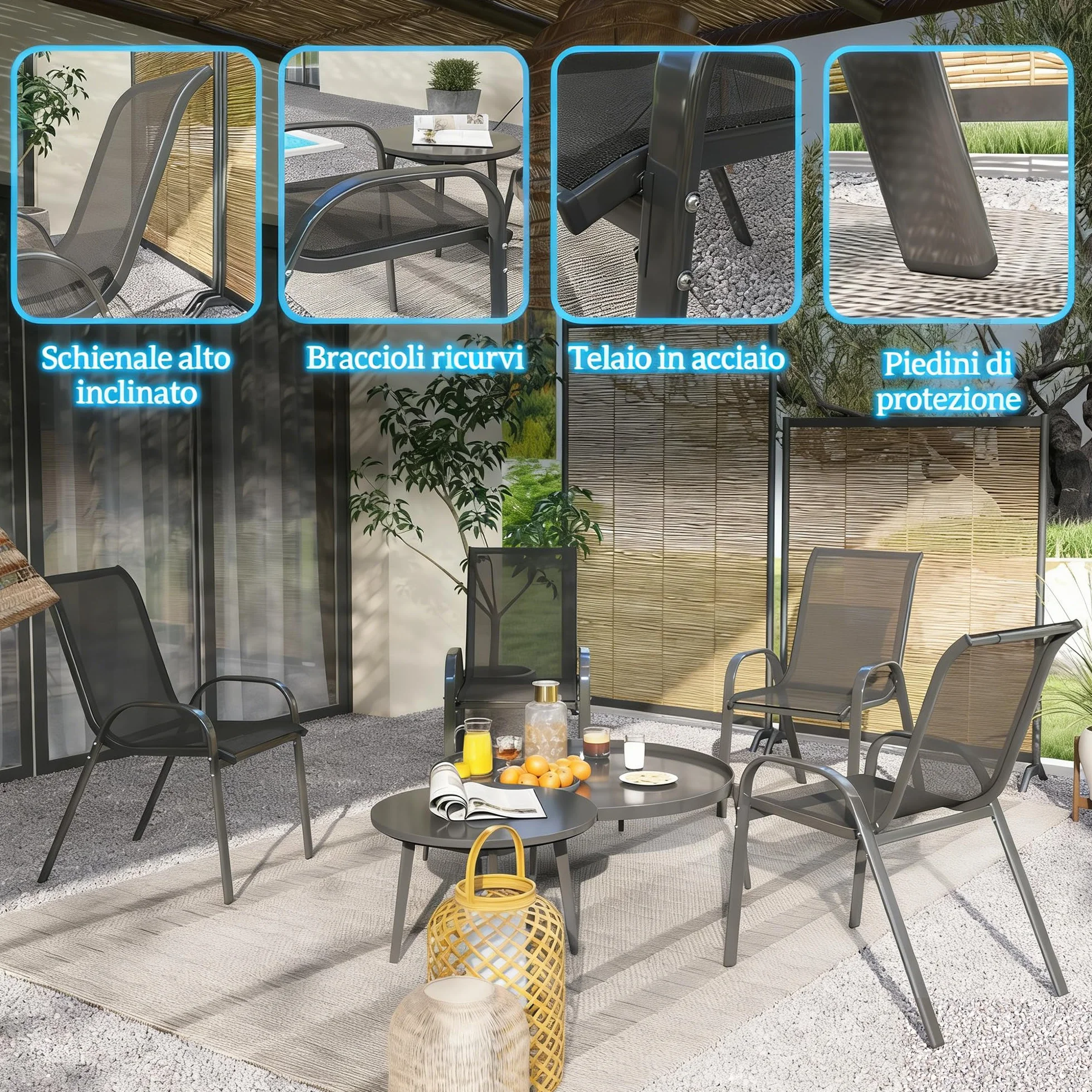 Outsunny Set 4 Sedie da Giardino Impilabili con Braccioli, Acciaio e Texteline, 54x71x93 cm Nero