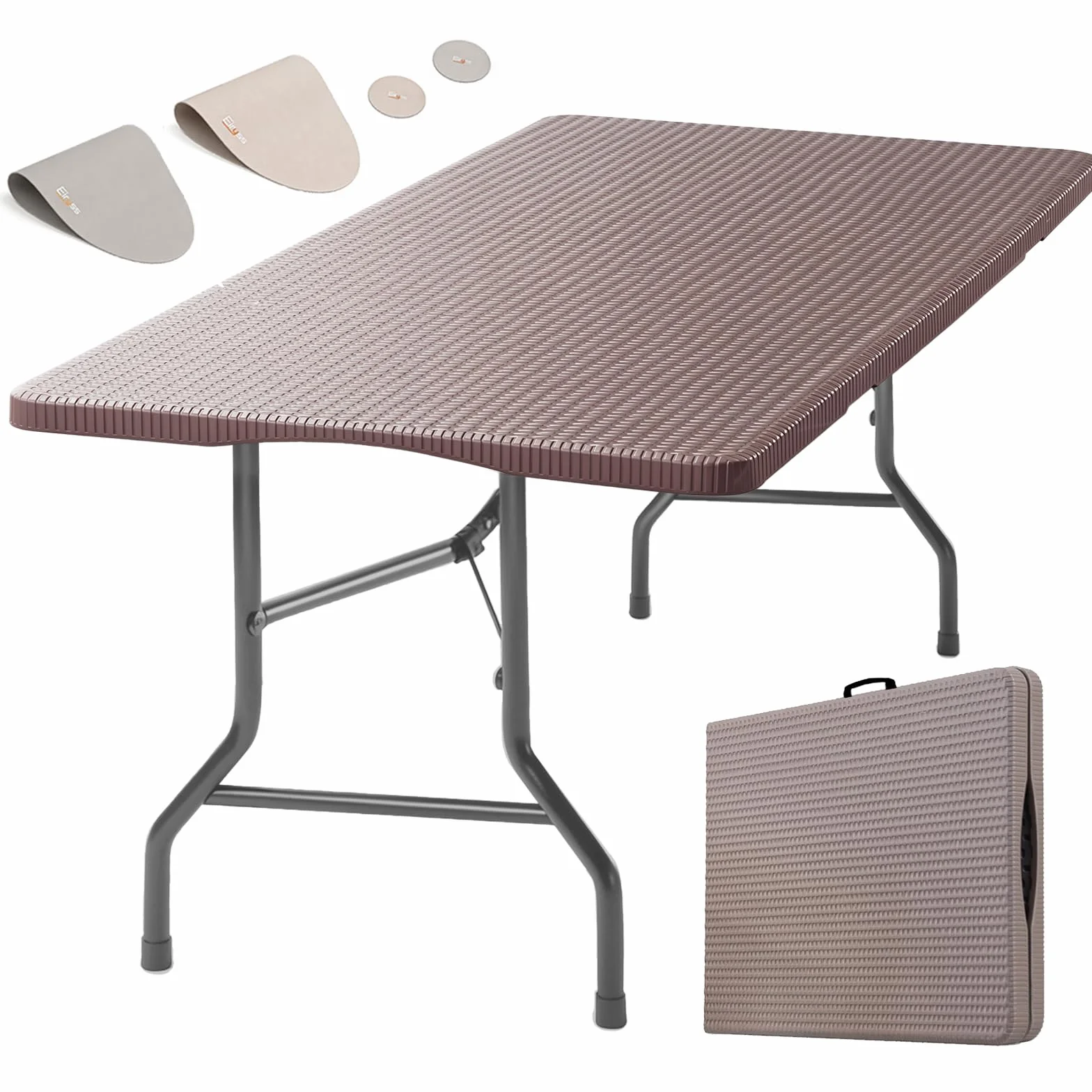 Tavolo Pieghevole 180x70cm per 8 Persone, Marrone, Plastica Effetto Rattan, Ferro, 150 kg