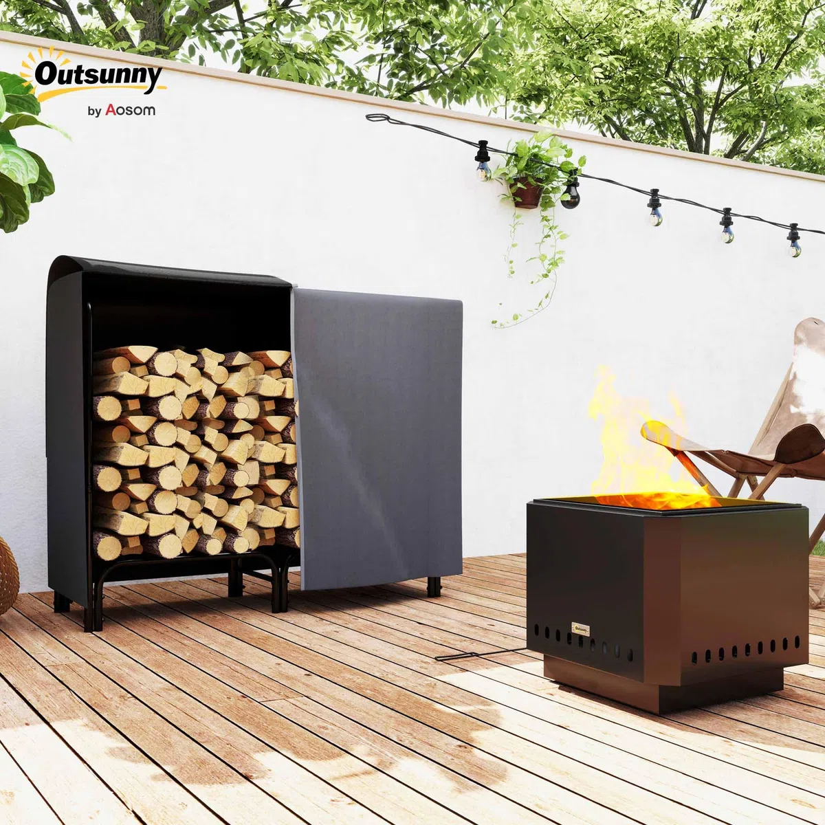 Outsunny Portalegna da Esterno in Metallo Impermeabile Regolabile Legnaia da Interno Borsa di Tela 120x36x99 cm Nero