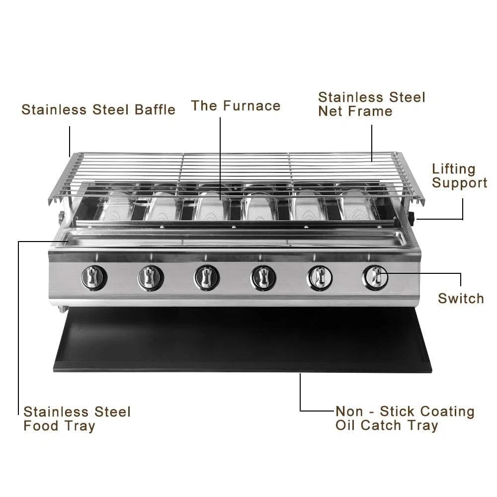 Barbecue a gas 6 fuochi portatile con vassoio antiaderente