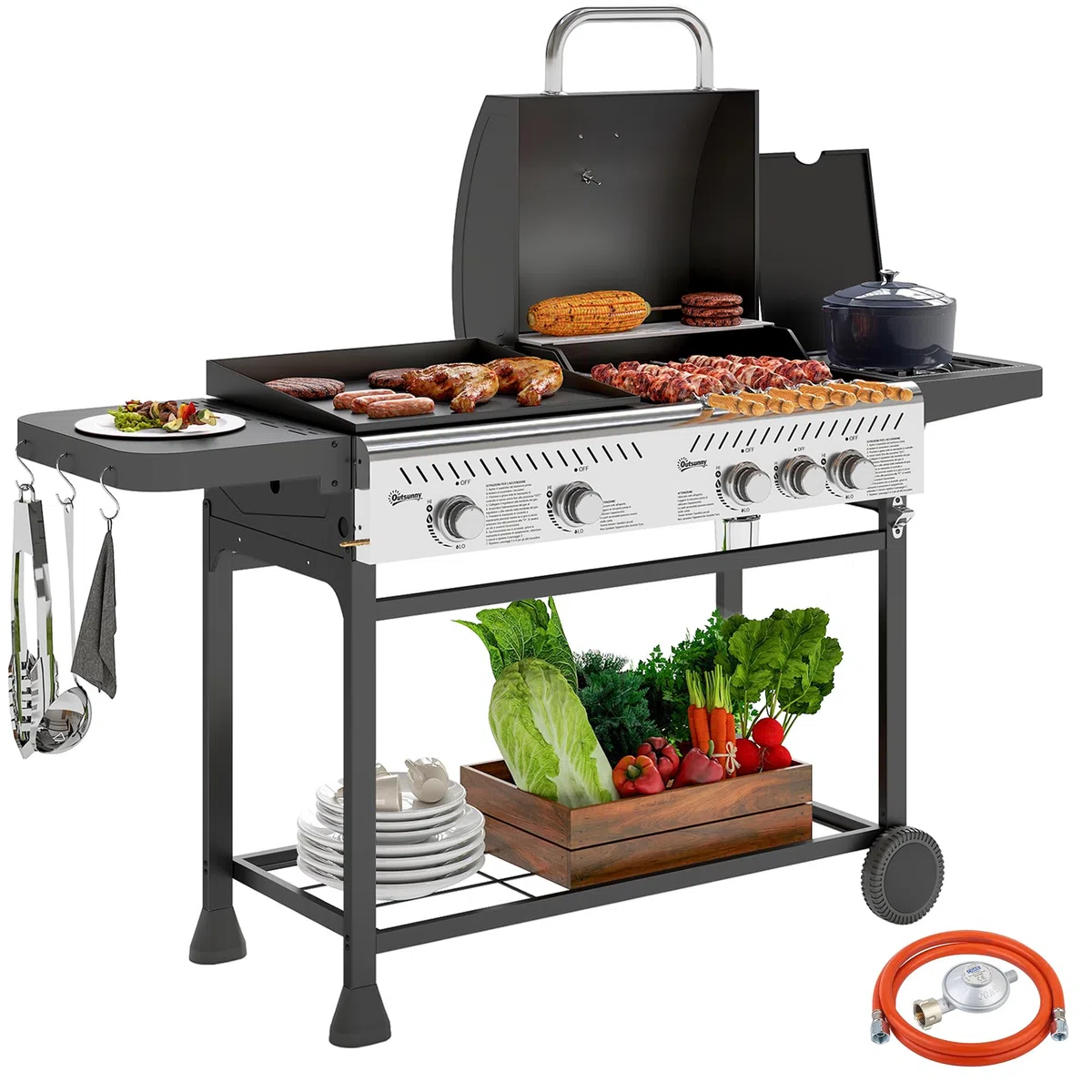 Outsunny Grill Gazowy 4+1 Palniki 12kW z Termometrem, Stal, Czarny Srebrny
