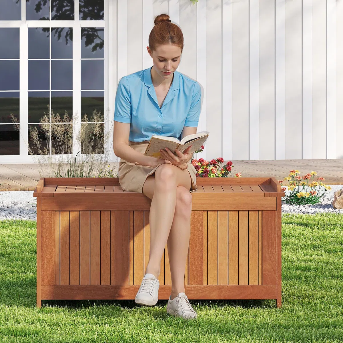 COSTWAY Baule da Giardino 220L, 3 in 1 Cassapanca Contenitore in Legno Massello con Coperchio Ribaltabile e Bordi Rialzati, Panca Portaoggetti per Interni e Esterni, 113,5 x 52 x 58,5 cm