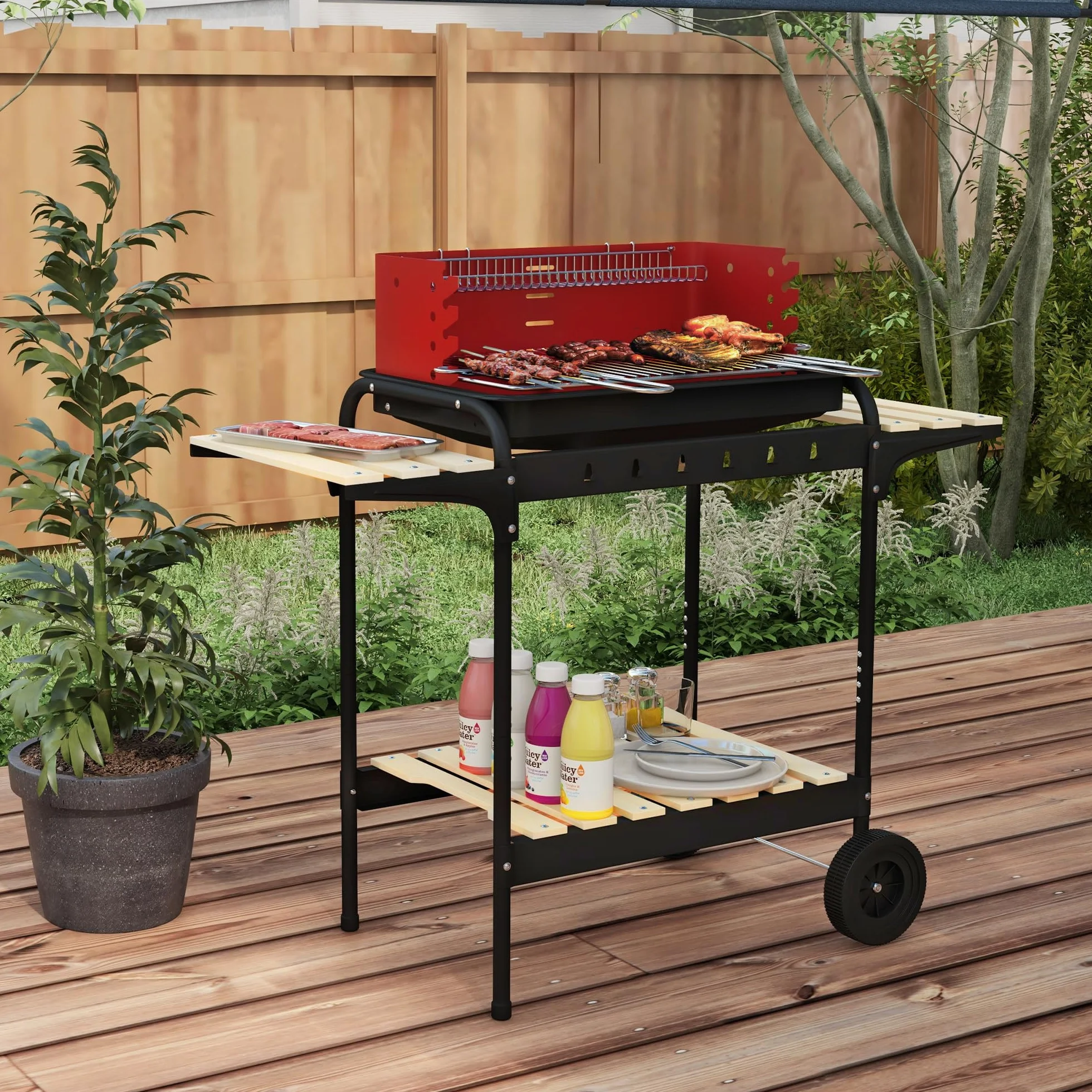Outsunny Barbecue a Carbonella con Ruote, Griglia Regolabile, 3 Ripiani, 103x47x95 cm, Rosso