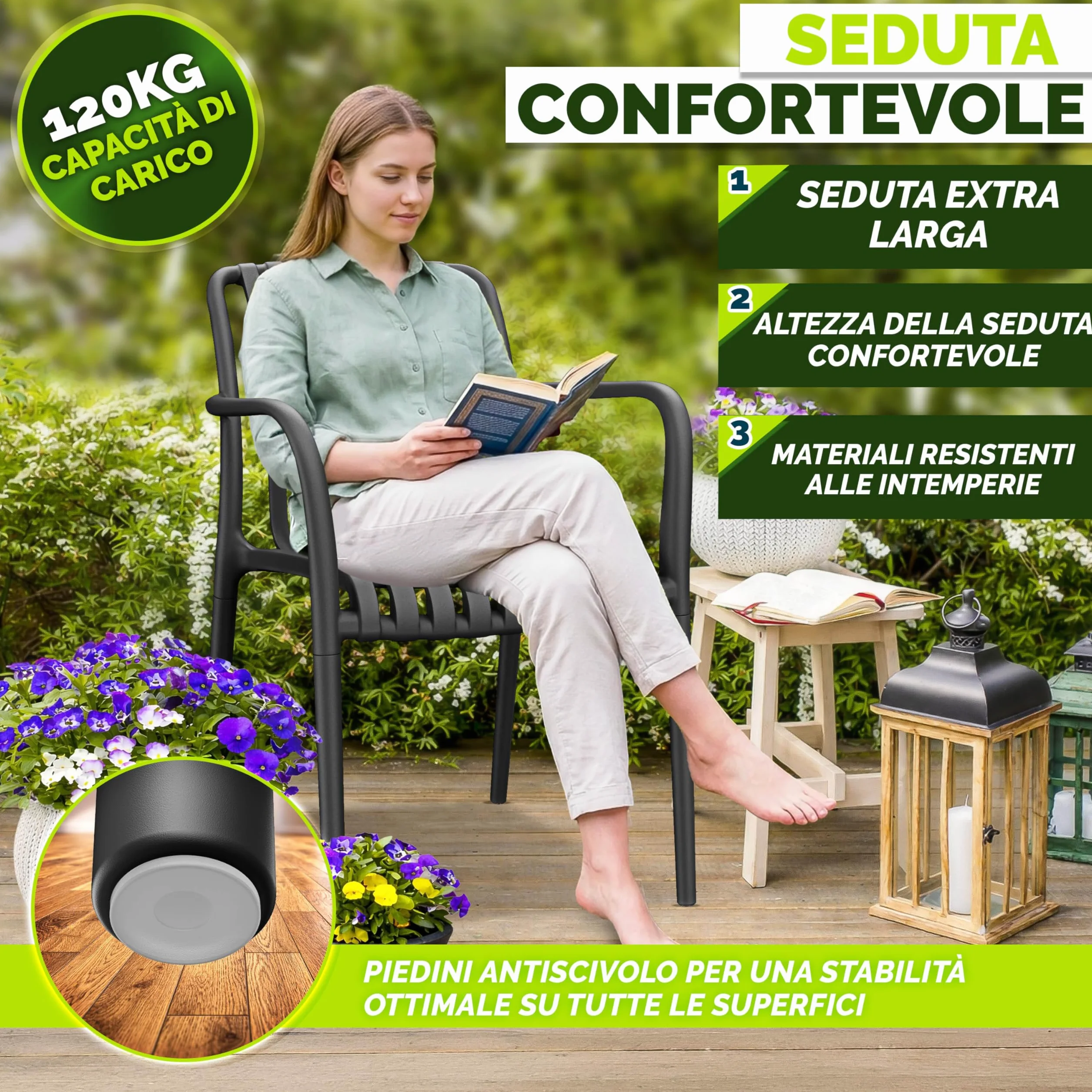 Tillvex Set di 4 Sedie da Giardino Impilabili Resistenti alle Intemperie 120 kg per Esterni Terrazzo Balcone