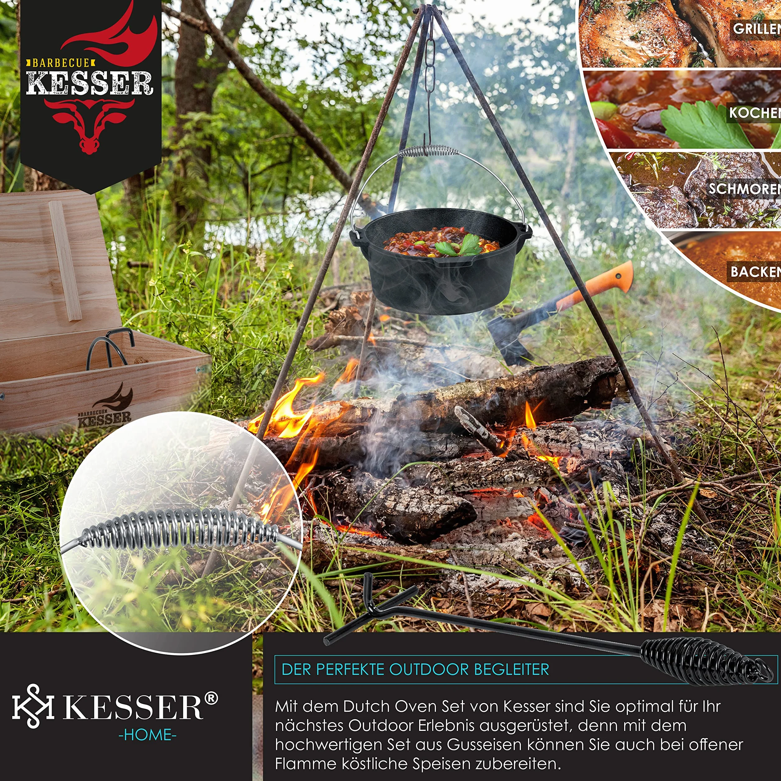 KESSER® Dutch Oven Set in scatola di legno con forno olandese Con molti accessori - ghisa - già bruciato con pentola di cottura piastra grill padella coperchio sollevatore I 12 Pezzi