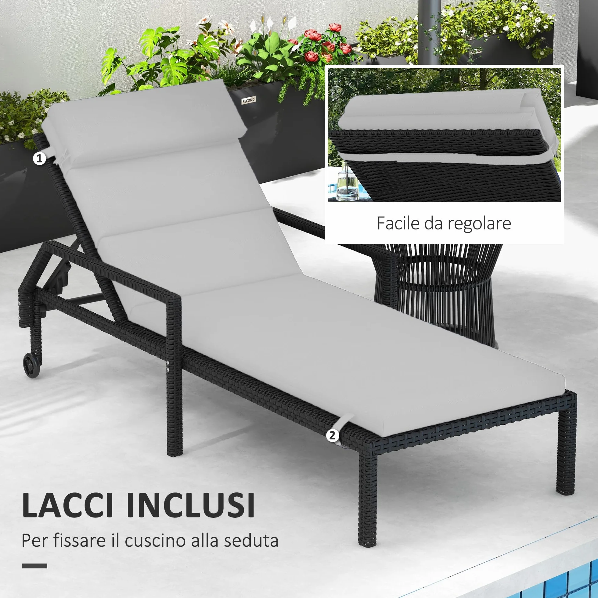 Outsunny Cuscino per Sdraio e Lettino Prendisole, Cuscino Imbottito con Poggiatesta e Lacci in Poliestere Resistente all'Acqua, Grigio Chiaro