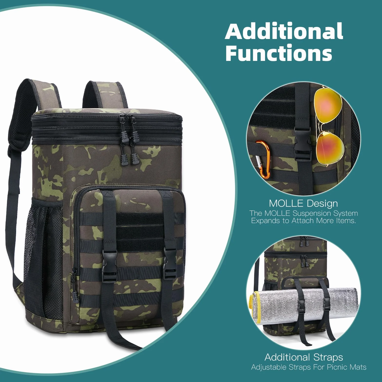 Borsa termica zaino 30L borsa frigo grande regolabile isolata picnic campeggio spiaggia Nero mimetico