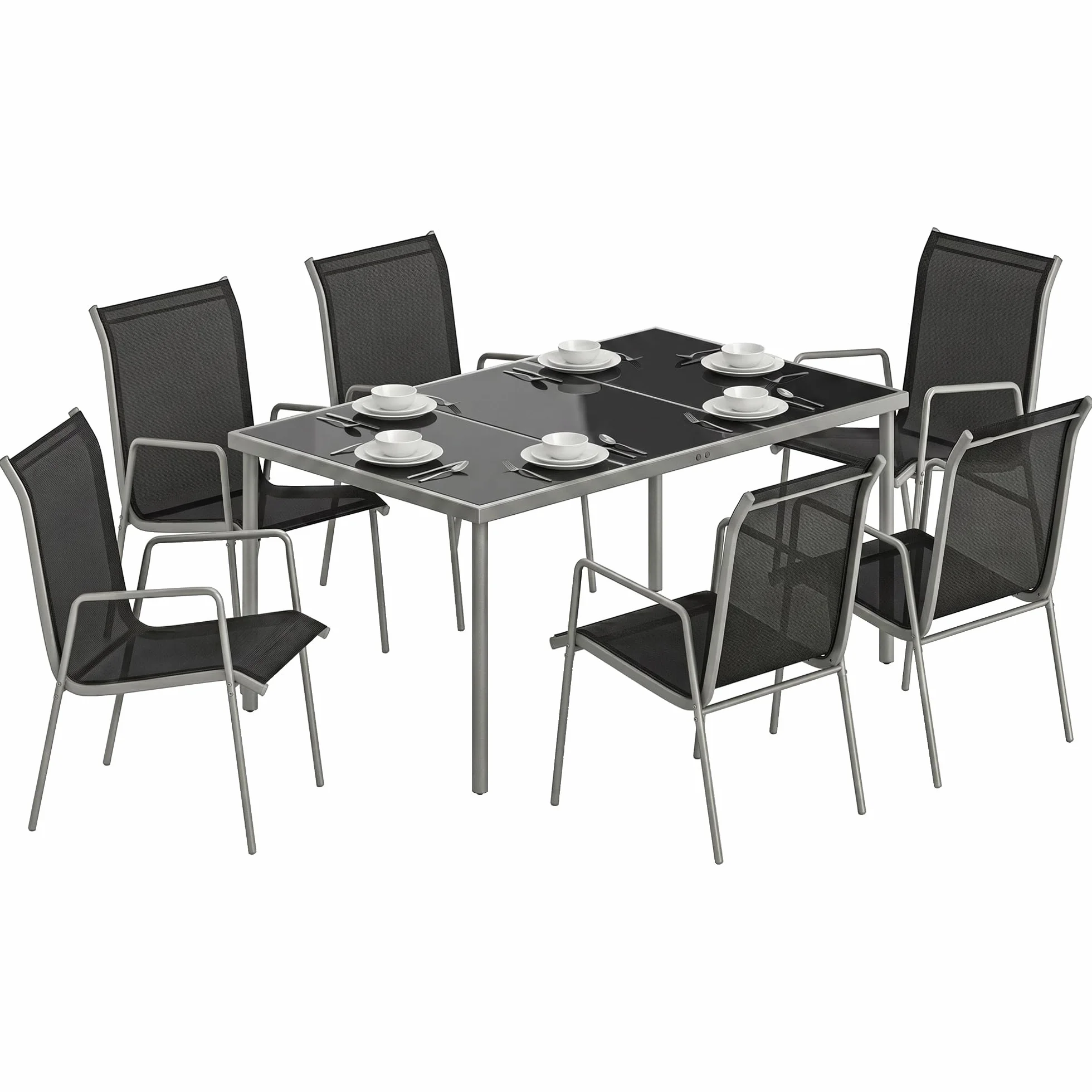 Outsunny Set Tavolo e Sedie da Giardino 7 Pezzi, Pranzo Esterno con 6 Sedie Impilabili in Texteline, Tavolo in Vetro Temperato, Metallo, Argento e Nero