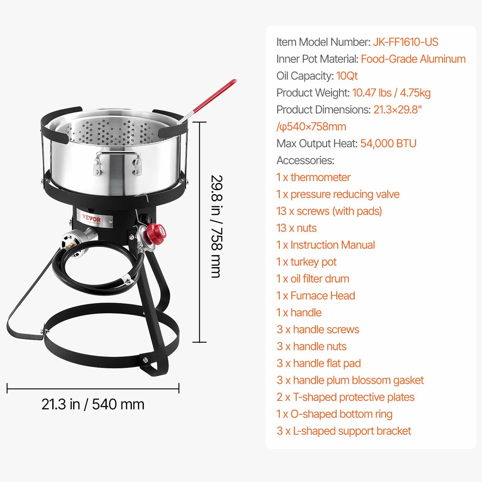 VEVOR Friggitrice a ali di pesce, 9,35 l, set di friggitrice in alluminio, per frutti di mare, per esterni, con termometro, cestello e bruciatori a propano 54.000 BTU, per cucinare all'aperto