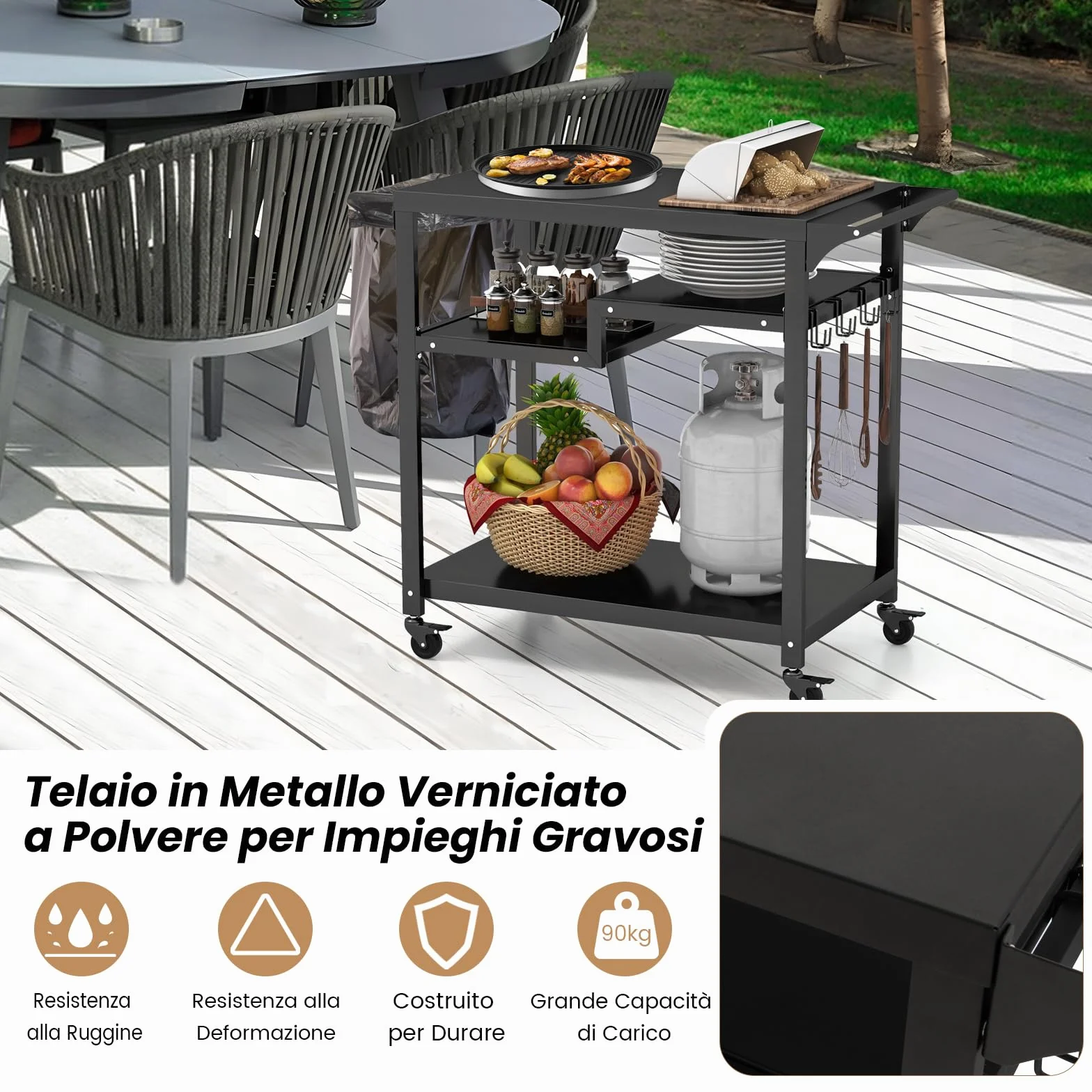 COSTWAY Carrello Barbecue da Esterno Portatile 3 Ripiani 4 Ruote Bloccabili