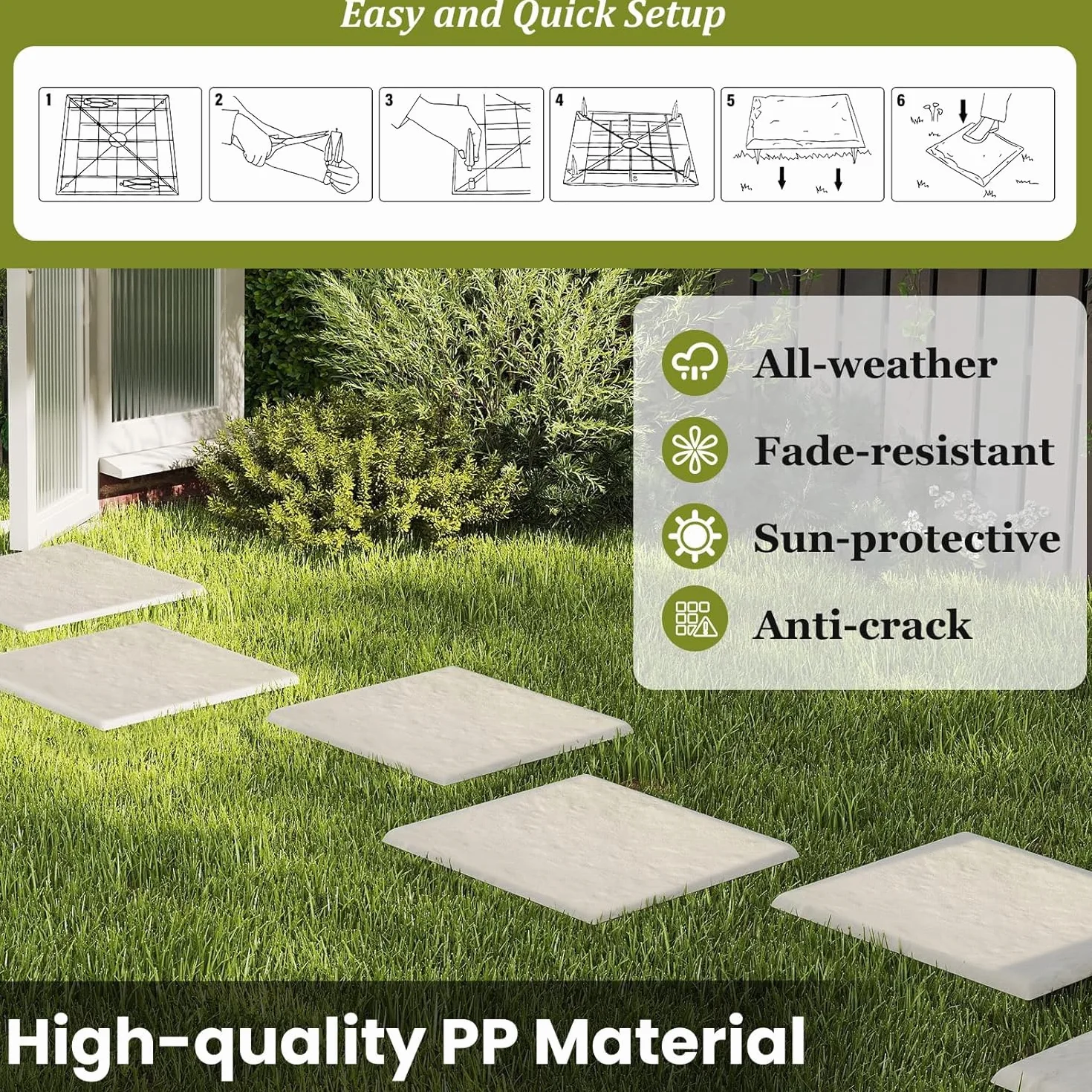 LIFEZEAL 8 Pezzi Pietre da Giardino con 4 Picchetti, Piastrelle per Esterno 39,5 x 39,5 cm, Pietre Decorative in PP Resistente per Passerelle da Giardino e Passeggiate Esterne (Beige)